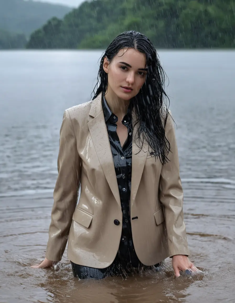 photo of young woman, in soaking wet, drenched clothes,
Beige Business Trouser, Beige Business Suit Jacket with black button down long sleeve business Shirt, Clear Mountain Lake with heavy rain, 
enjoying, wet clothes stuck to body,
detailed textures of the wet clothes, wet face, wet plastered hair,
wet, drenched, professional, high-quality details, full body view.
sharp focus, ultra-high pixel detail, realistic, high-quality, full colors, incredibly detailed, 4k, 8k, 16k, hyper-realistic, RAW photo, masterpiece, ultra-detailed, professionally color graded, professional photograph, young white Black haired woman, completely soaked, fully drenched, completely wet, wetlook, heavy rain, side parting, open hair, long hair, rain storm