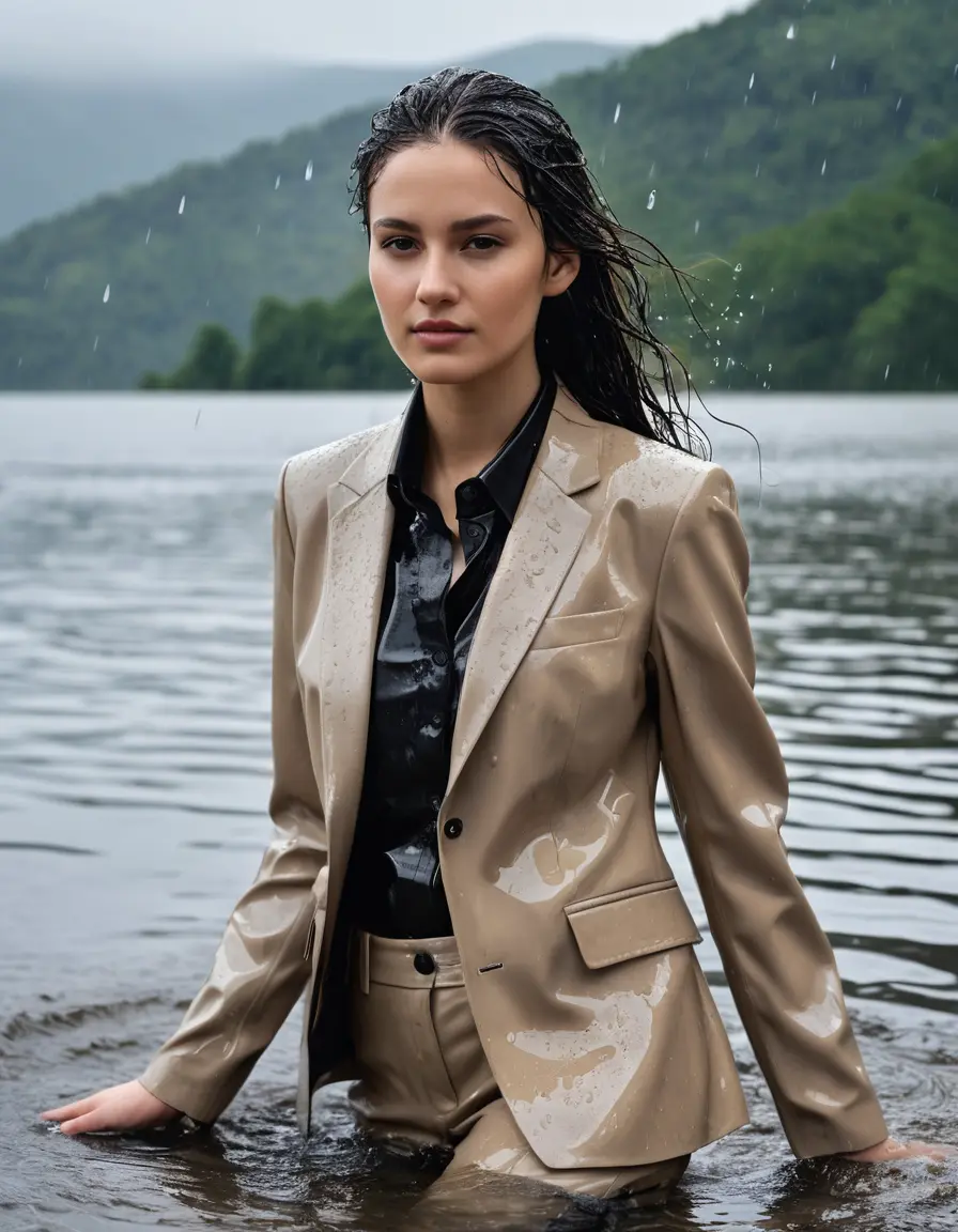 photo of young woman, in soaking wet, drenched clothes,
Beige Business Trouser, Beige Business Suit Jacket with Black button down long sleeve business Shirt, Clear Mountain Lake with heavy rain, 
enjoying, wet clothes stuck to body,
detailed textures of the wet clothes, wet face, wet plastered hair,
wet, drenched, professional, high-quality details, full body view.
sharp focus, ultra-high pixel detail, realistic, high-quality, full colors, incredibly detailed, 4k, 8k, 16k, hyper-realistic, RAW photo, masterpiece, ultra-detailed, professionally color graded, professional photograph, ,completely soaked, fully drenched, completely wet, wetlook, heavy rain, side parting, open hair, long hair, rain storm