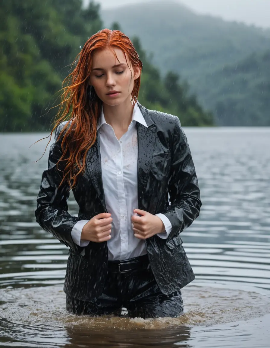 photo of young woman, in soaking wet, drenched clothes,
Black Business Trouser, Black Business Suit Jacket with white down long sleeve business Shirt, Clear Mountain Lake with heavy rain, 
enjoying, wet clothes stuck to body,
detailed textures of the wet clothes, wet face, wet plastered hair,
wet, drenched, professional, high-quality details, full body view.
sharp focus, ultra-high pixel detail, realistic, high-quality, full colors, incredibly detailed, 4k, 8k, 16k, hyper-realistic, RAW photo, masterpiece, ultra-detailed, professionally color graded, professional photograph, young white red haired beautiful woman, completely soaked, fully drenched, completely wet, wetlook, heavy rain, side parting, open hair, long hair, rain storm