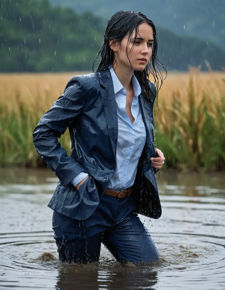 photo of young woman, in soaking wet, drenched clothes,
Dark Blue Business Trouser, Dark Blue Business Suit Jacket with light blue down long sleeve business Shirt, Clear Mountain Lake with heavy rain, 
enjoying, wet clothes stuck to body,
detailed textures of the wet clothes, wet face, wet plastered hair,
wet, drenched, professional, high-quality details, full body view.
sharp focus, ultra-high pixel detail, realistic, high-quality, full colors, incredibly detailed, 4k, 8k, 16k, hyper-realistic, RAW photo, masterpiece, ultra-detailed, professionally color graded, professional photograph, young white Black haired woman, completely soaked, fully drenched, completely wet, wetlook, heavy rain, side parting, open hair, long hair, rain storm
