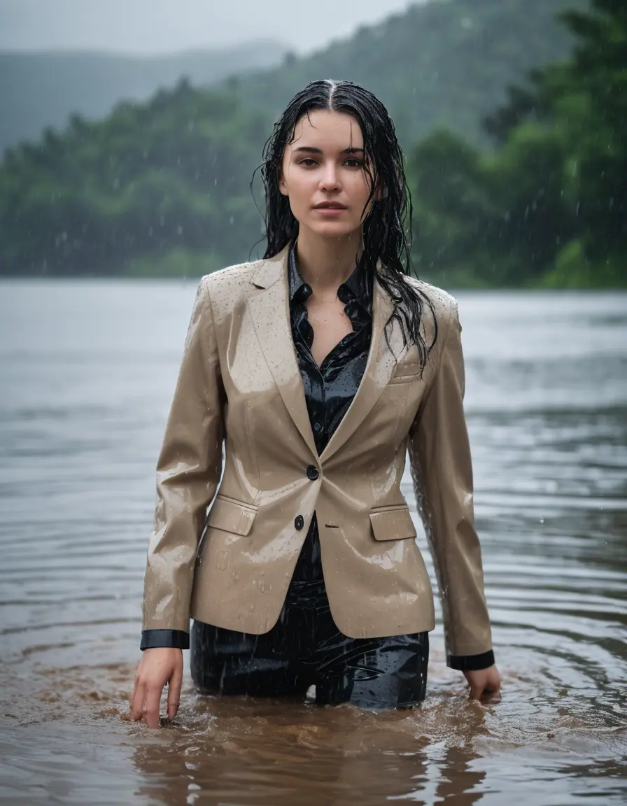 photo of young woman, in soaking wet, drenched clothes,
Beige Business Trouser, Beige Business Suit Jacket with black button down long sleeve business Shirt, Clear Mountain Lake with heavy rain, 
enjoying, wet clothes stuck to body,
detailed textures of the wet clothes, wet face, wet plastered hair,
wet, drenched, professional, high-quality details, full body view.
sharp focus, ultra-high pixel detail, realistic, high-quality, full colors, incredibly detailed, 4k, 8k, 16k, hyper-realistic, RAW photo, masterpiece, ultra-detailed, professionally color graded, professional photograph, young white Black haired woman, completely soaked, fully drenched, completely wet, wetlook, heavy rain, side parting, open hair, long hair, rain storm