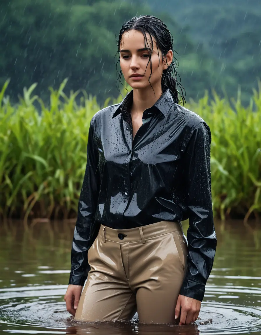 photo of young woman, in soaking wet, drenched clothes,
Beige Business Trouser, black button down long sleeve business Shirt, Clear Mountain Lake with heavy rain, 
enjoying, wet clothes stuck to body,
detailed textures of the wet clothes, wet face, wet plastered hair,
wet, drenched, professional, high-quality details, full body view.
sharp focus, ultra-high pixel detail, realistic, high-quality, full colors, incredibly detailed, 4k, 8k, 16k, hyper-realistic, RAW photo, masterpiece, ultra-detailed, professionally color graded, professional photograph, young white Black haired woman, completely soaked, fully drenched, completely wet, wetlook, heavy rain, side parting, open hair, long hair, rain storm