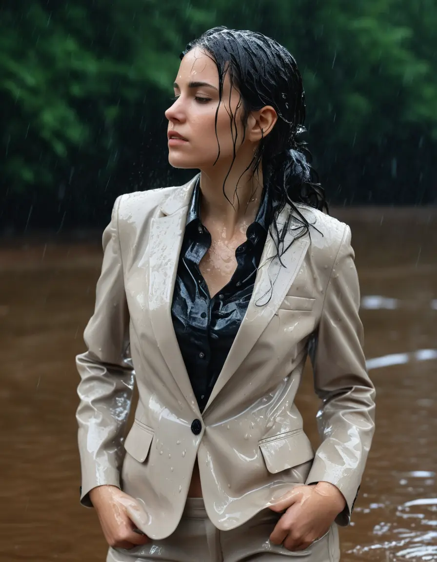 photo of young woman, in soaking wet, drenched clothes,
Beige Business Trouser, Beige Business Suit Jacket with black button down long sleeve business Shirt, Clear Mountain Lake with heavy rain, 
enjoying, wet clothes stuck to body,
detailed textures of the wet clothes, wet face, wet plastered hair,
wet, drenched, professional, high-quality details, full body view.
sharp focus, ultra-high pixel detail, realistic, high-quality, full colors, incredibly detailed, 4k, 8k, 16k, hyper-realistic, RAW photo, masterpiece, ultra-detailed, professionally color graded, professional photograph, young white Black haired woman, completely soaked, fully drenched, completely wet, wetlook, heavy rain, side parting, open hair, long hair, rain storm