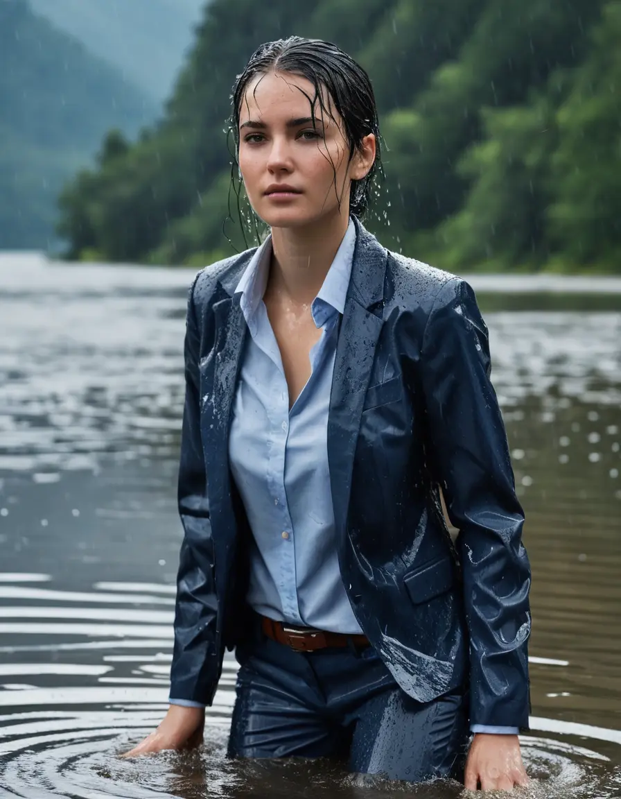 photo of young woman, in soaking wet, drenched clothes,
Dark Blue Business Trouser, Dark Blue Business Suit Jacket with light blue down long sleeve business Shirt, Clear Mountain Lake with heavy rain, 
enjoying, wet clothes stuck to body,
detailed textures of the wet clothes, wet face, wet plastered hair,
wet, drenched, professional, high-quality details, full body view.
sharp focus, ultra-high pixel detail, realistic, high-quality, full colors, incredibly detailed, 4k, 8k, 16k, hyper-realistic, RAW photo, masterpiece, ultra-detailed, professionally color graded, professional photograph, young white Black haired woman, completely soaked, fully drenched, completely wet, wetlook, heavy rain, side parting, open hair, long hair, rain storm