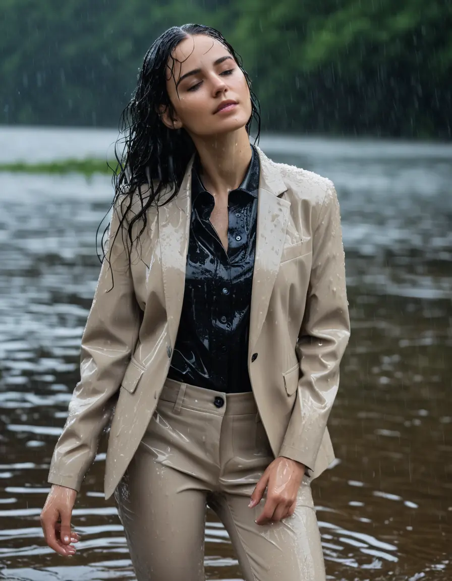 photo of young woman, in soaking wet, drenched clothes,
Beige Business Trouser, Beige Business Suit Jacket with black button down long sleeve business Shirt, Clear Mountain Lake with heavy rain, 
enjoying, wet clothes stuck to body,
detailed textures of the wet clothes, wet face, wet plastered hair,
wet, drenched, professional, high-quality details, full body view.
sharp focus, ultra-high pixel detail, realistic, high-quality, full colors, incredibly detailed, 4k, 8k, 16k, hyper-realistic, RAW photo, masterpiece, ultra-detailed, professionally color graded, professional photograph, young white Black haired woman, completely soaked, fully drenched, completely wet, wetlook, heavy rain, side parting, open hair, long hair, rain storm