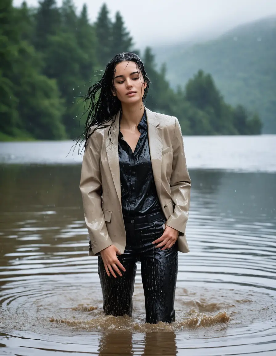 photo of young woman, in soaking wet, drenched clothes,
Beige Business Trouser, Beige Business Suit Jacket with black button down long sleeve business Shirt, Clear Mountain Lake with heavy rain, 
enjoying, wet clothes stuck to body,
detailed textures of the wet clothes, wet face, wet plastered hair,
wet, drenched, professional, high-quality details, full body view.
sharp focus, ultra-high pixel detail, realistic, high-quality, full colors, incredibly detailed, 4k, 8k, 16k, hyper-realistic, RAW photo, masterpiece, ultra-detailed, professionally color graded, professional photograph, young white Black haired woman, completely soaked, fully drenched, completely wet, wetlook, heavy rain, side parting, open hair, long hair, rain storm