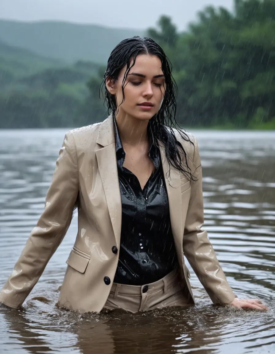 photo of young woman, in soaking wet, drenched clothes,
Beige Business Trouser, Beige Business Suit Jacket with black button down long sleeve business Shirt, Clear Mountain Lake with heavy rain, 
enjoying, wet clothes stuck to body,
detailed textures of the wet clothes, wet face, wet plastered hair,
wet, drenched, professional, high-quality details, full body view.
sharp focus, ultra-high pixel detail, realistic, high-quality, full colors, incredibly detailed, 4k, 8k, 16k, hyper-realistic, RAW photo, masterpiece, ultra-detailed, professionally color graded, professional photograph, young white Black haired woman, completely soaked, fully drenched, completely wet, wetlook, heavy rain, side parting, open hair, long hair, rain storm