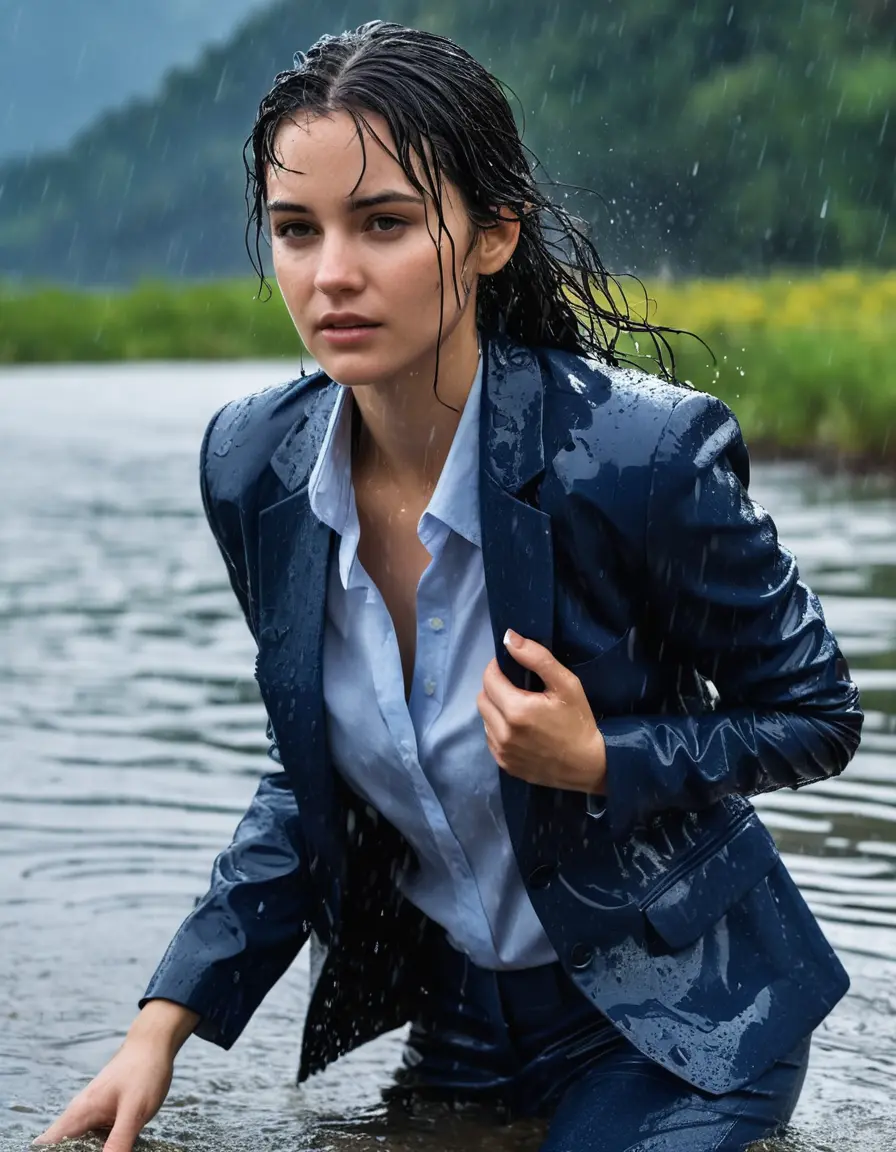 photo of young woman, in soaking wet, drenched clothes,
Dark Blue Business Trouser, Dark Blue Business Suit Jacket with light blue down long sleeve business Shirt, Clear Mountain Lake with heavy rain, 
enjoying, wet clothes stuck to body,
detailed textures of the wet clothes, wet face, wet plastered hair,
wet, drenched, professional, high-quality details, full body view.
sharp focus, ultra-high pixel detail, realistic, high-quality, full colors, incredibly detailed, 4k, 8k, 16k, hyper-realistic, RAW photo, masterpiece, ultra-detailed, professionally color graded, professional photograph, young white Black haired woman, completely soaked, fully drenched, completely wet, wetlook, heavy rain, side parting, open hair, long hair, rain storm