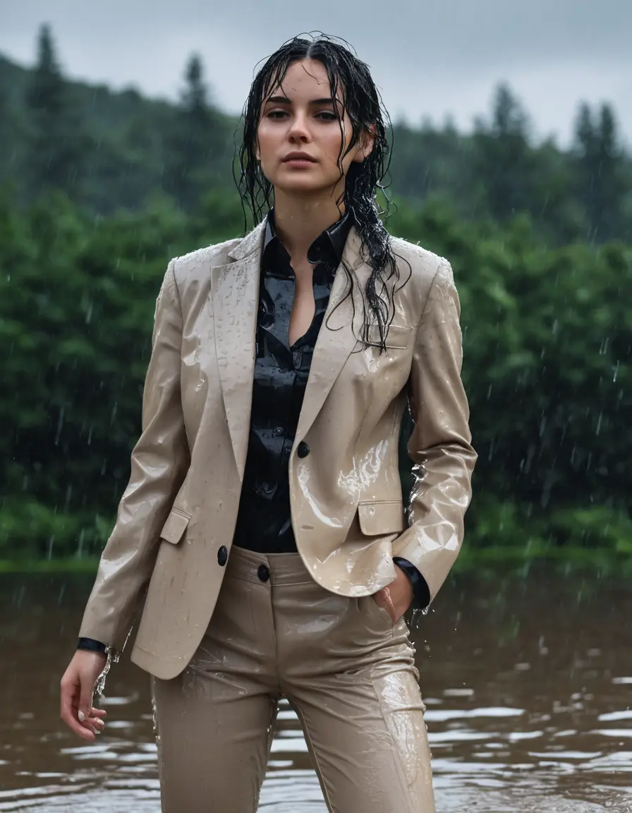 photo of young woman, in soaking wet, drenched clothes,
Beige Business Trouser, Beige Business Suit Jacket with black button down long sleeve business Shirt, Clear Mountain Lake with heavy rain, 
enjoying, wet clothes stuck to body,
detailed textures of the wet clothes, wet face, wet plastered hair,
wet, drenched, professional, high-quality details, full body view.
sharp focus, ultra-high pixel detail, realistic, high-quality, full colors, incredibly detailed, 4k, 8k, 16k, hyper-realistic, RAW photo, masterpiece, ultra-detailed, professionally color graded, professional photograph, young white Black haired woman, completely soaked, fully drenched, completely wet, wetlook, heavy rain, side parting, open hair, long hair, rain storm