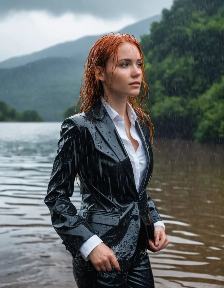 photo of young woman, in soaking wet, drenched clothes,
Black Business Trouser, Black Business Suit Jacket with white down long sleeve business Shirt, Clear Mountain Lake with heavy rain, 
enjoying, wet clothes stuck to body,
detailed textures of the wet clothes, wet face, wet plastered hair,
wet, drenched, professional, high-quality details, full body view.
sharp focus, ultra-high pixel detail, realistic, high-quality, full colors, incredibly detailed, 4k, 8k, 16k, hyper-realistic, RAW photo, masterpiece, ultra-detailed, professionally color graded, professional photograph, young white red haired beautiful woman, completely soaked, fully drenched, completely wet, wetlook, heavy rain, side parting, open hair, long hair, rain storm