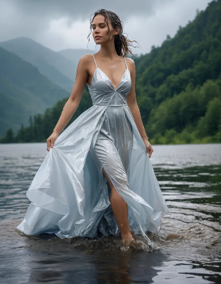 photo of young woman, in soaking wet, drenched clothes,
Satin pumps, long Satin ballgown, white tank-top, Clear Mountain Lake with heavy rain, 
enjoying, wet clothes stuck to body,
detailed textures of the wet clothes, wet face, wet plastered hair,
wet, drenched, professional, high-quality details, full body view.
sharp focus, ultra-high pixel detail, realistic, high-quality, full colors, incredibly detailed, 4k, 8k, 16k, hyper-realistic, RAW photo, masterpiece, ultra-detailed, professionally color graded, professional photograph