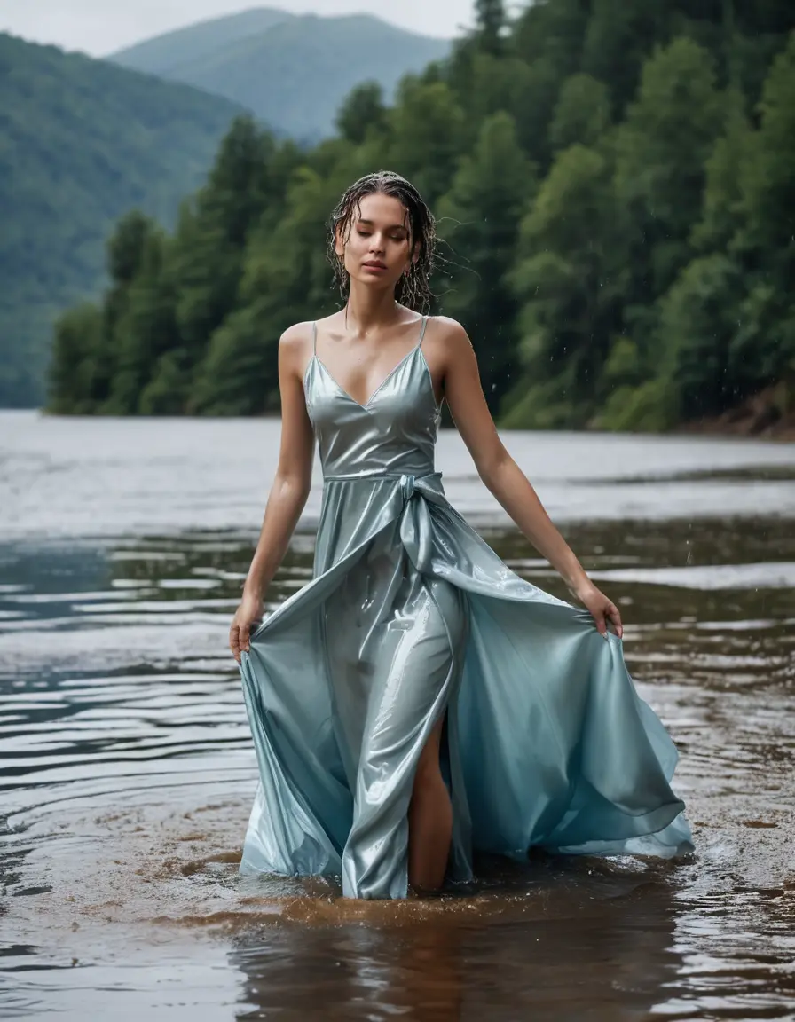photo of young woman, in soaking wet, drenched clothes,
Satin pumps, long Satin ballgown, white tank-top, Clear Mountain Lake with heavy rain, 
enjoying, wet clothes stuck to body,
detailed textures of the wet clothes, wet face, wet plastered hair,
wet, drenched, professional, high-quality details, full body view.
sharp focus, ultra-high pixel detail, realistic, high-quality, full colors, incredibly detailed, 4k, 8k, 16k, hyper-realistic, RAW photo, masterpiece, ultra-detailed, professionally color graded, professional photograph