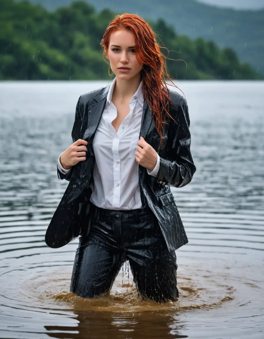photo of young woman, in soaking wet, drenched clothes,
Black Business Trouser, Black Business Suit Jacket with white down long sleeve business Shirt, Clear Mountain Lake with heavy rain, 
enjoying, wet clothes stuck to body,
detailed textures of the wet clothes, wet face, wet plastered hair,
wet, drenched, professional, high-quality details, full body view.
sharp focus, ultra-high pixel detail, realistic, high-quality, full colors, incredibly detailed, 4k, 8k, 16k, hyper-realistic, RAW photo, masterpiece, ultra-detailed, professionally color graded, professional photograph, young white red haired beautiful woman, completely soaked, fully drenched, completely wet, wetlook, heavy rain, side parting, open hair, long hair, rain storm