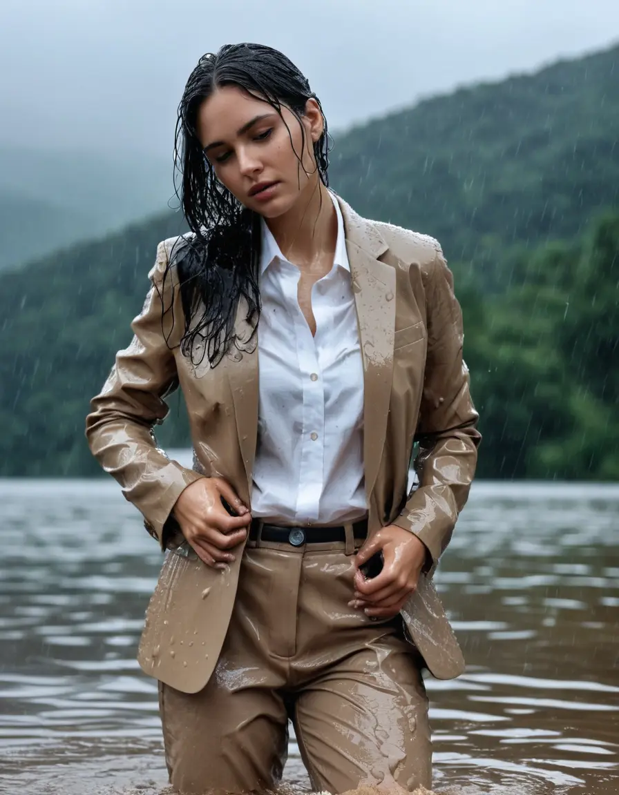 photo of young woman, in soaking wet, drenched clothes,
Beige Business Trouser, Beige Business Suit Jacket with black button down long sleeve business Shirt, Clear Mountain Lake with heavy rain, 
enjoying, wet clothes stuck to body,
detailed textures of the wet clothes, wet face, wet plastered hair,
wet, drenched, professional, high-quality details, full body view.
sharp focus, ultra-high pixel detail, realistic, high-quality, full colors, incredibly detailed, 4k, 8k, 16k, hyper-realistic, RAW photo, masterpiece, ultra-detailed, professionally color graded, professional photograph, young white Black haired woman, completely soaked, fully drenched, completely wet, wetlook, heavy rain, side parting, open hair, long hair, rain storm
