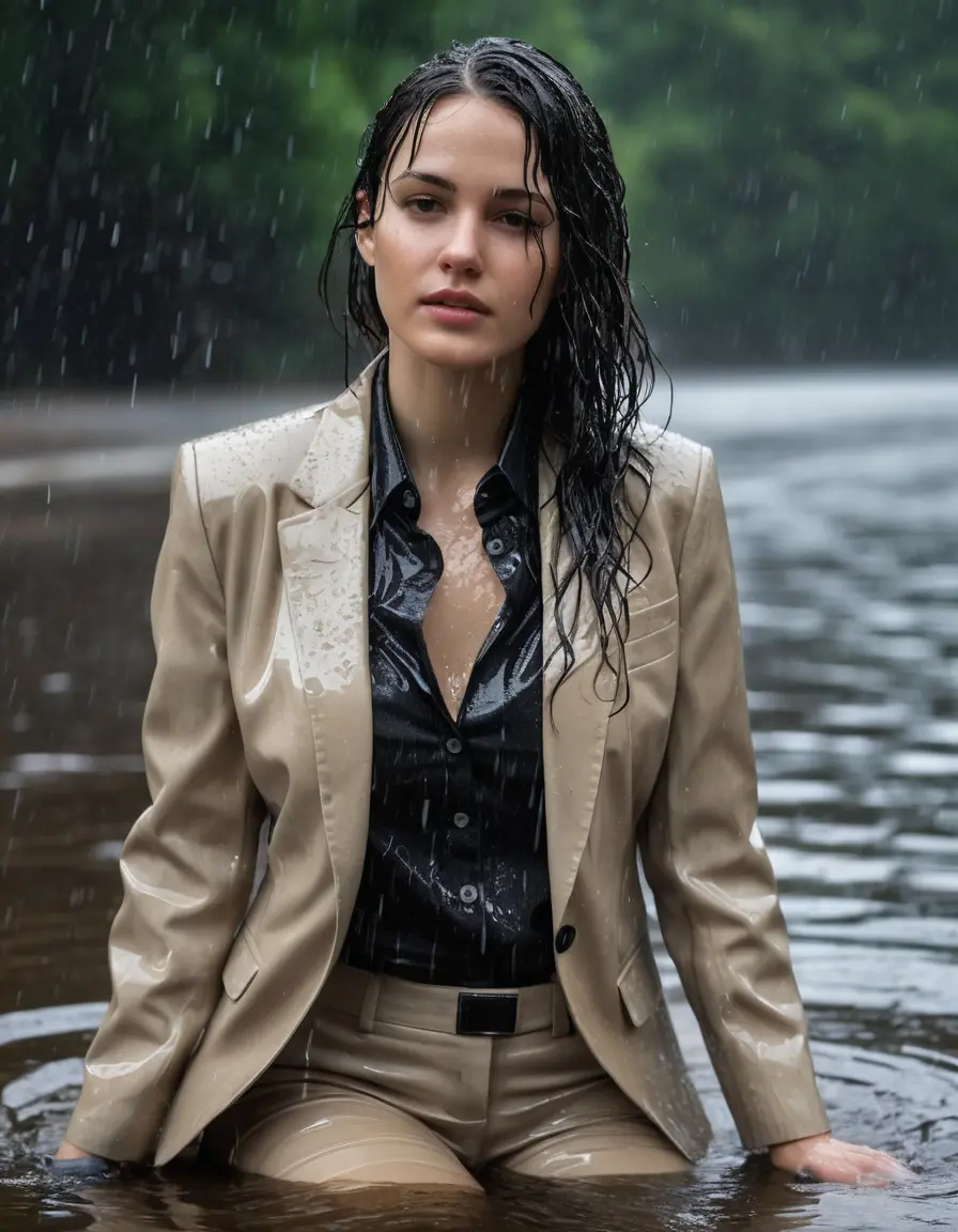 photo of young woman, in soaking wet, drenched clothes,
Beige Business Trouser, Beige Business Suit Jacket with black button down long sleeve business Shirt, Clear Mountain Lake with heavy rain, 
enjoying, wet clothes stuck to body,
detailed textures of the wet clothes, wet face, wet plastered hair,
wet, drenched, professional, high-quality details, full body view.
sharp focus, ultra-high pixel detail, realistic, high-quality, full colors, incredibly detailed, 4k, 8k, 16k, hyper-realistic, RAW photo, masterpiece, ultra-detailed, professionally color graded, professional photograph, young white Black haired woman, completely soaked, fully drenched, completely wet, wetlook, heavy rain, side parting, open hair, long hair, rain storm