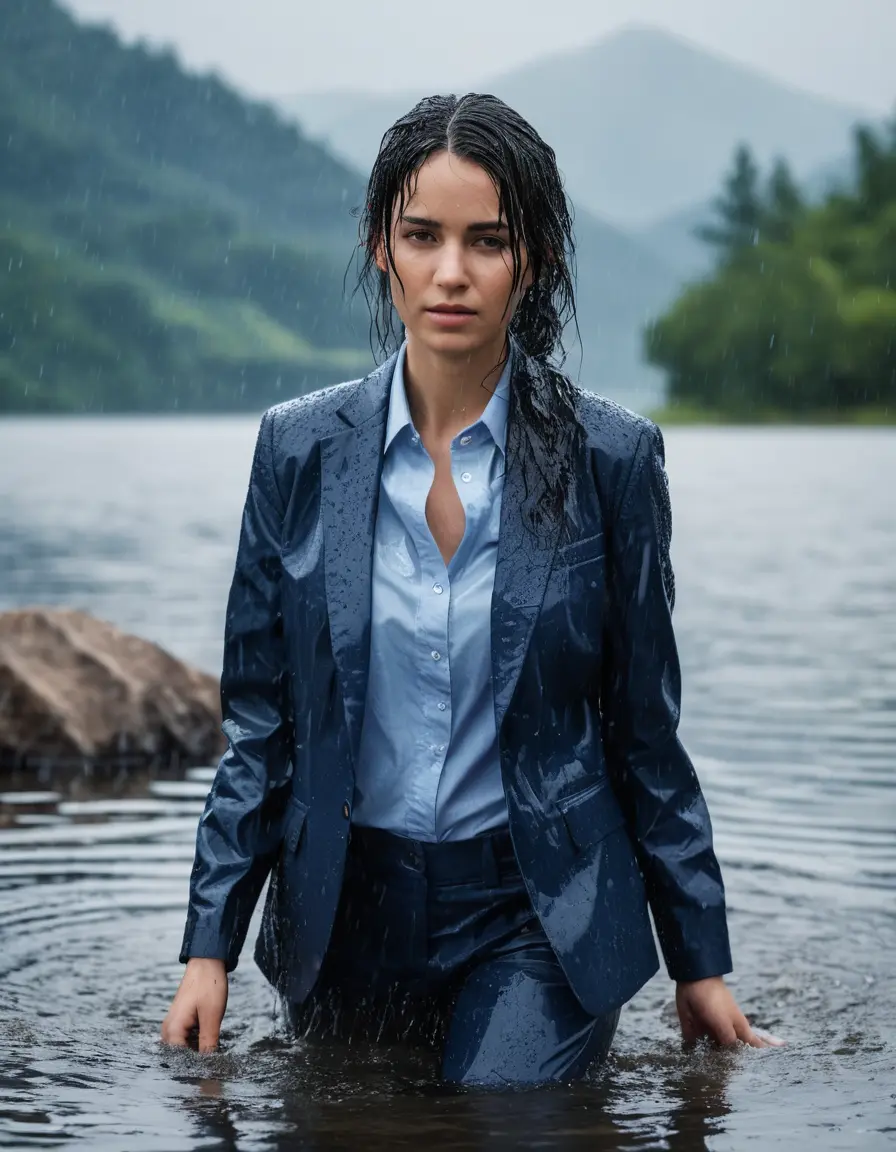 photo of young woman, in soaking wet, drenched clothes,
Dark Blue Business Trouser, Dark Blue Business Suit Jacket with light blue down long sleeve business Shirt, Clear Mountain Lake with heavy rain, 
enjoying, wet clothes stuck to body,
detailed textures of the wet clothes, wet face, wet plastered hair,
wet, drenched, professional, high-quality details, full body view.
sharp focus, ultra-high pixel detail, realistic, high-quality, full colors, incredibly detailed, 4k, 8k, 16k, hyper-realistic, RAW photo, masterpiece, ultra-detailed, professionally color graded, professional photograph, young white Black haired woman, completely soaked, fully drenched, completely wet, wetlook, heavy rain, side parting, open hair, long hair, rain storm