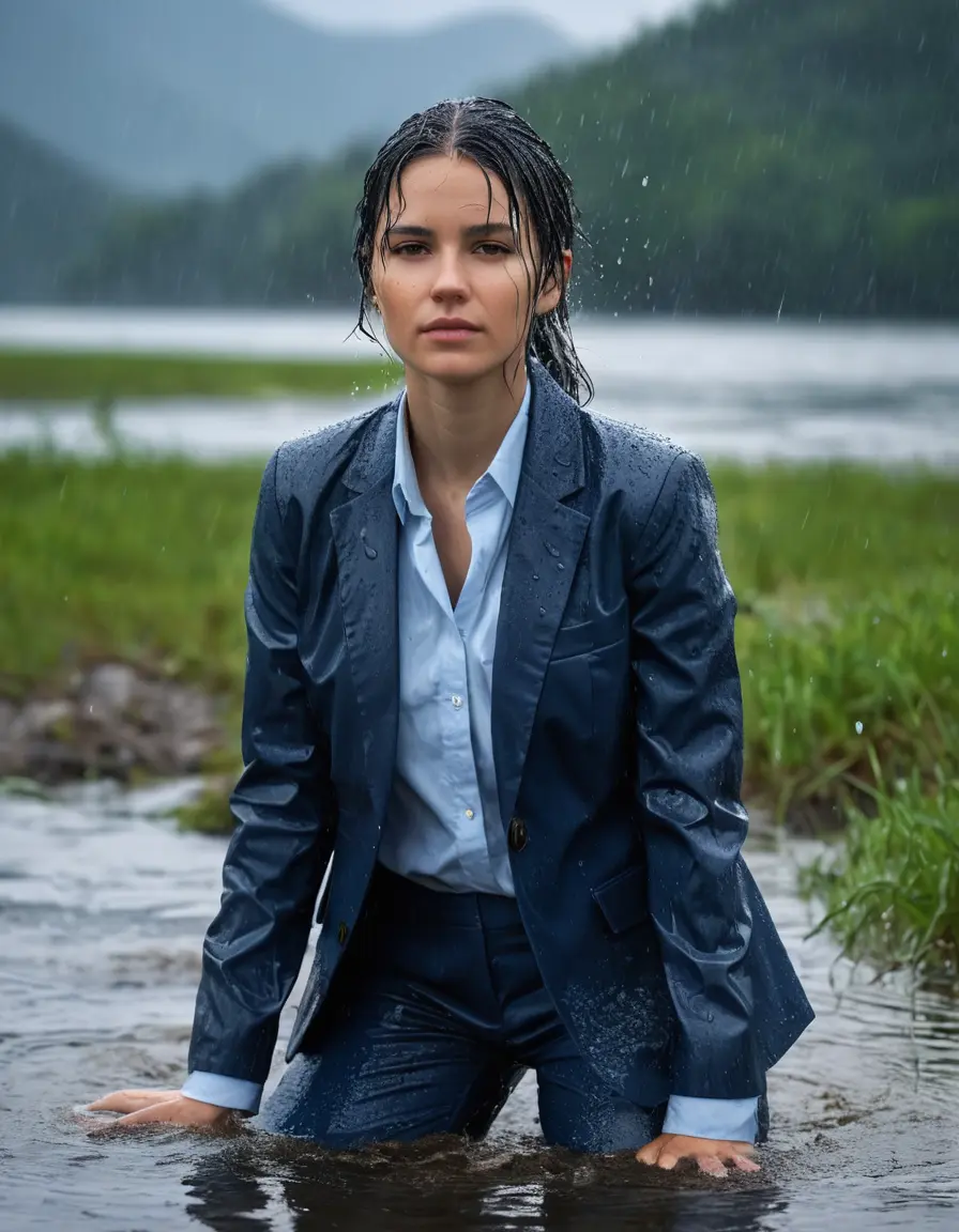 photo of young woman, in soaking wet, drenched clothes,
Dark Blue Business Trouser, Dark Blue Business Suit Jacket with light blue down long sleeve business Shirt, Clear Mountain Lake with heavy rain, 
enjoying, wet clothes stuck to body,
detailed textures of the wet clothes, wet face, wet plastered hair,
wet, drenched, professional, high-quality details, full body view.
sharp focus, ultra-high pixel detail, realistic, high-quality, full colors, incredibly detailed, 4k, 8k, 16k, hyper-realistic, RAW photo, masterpiece, ultra-detailed, professionally color graded, professional photograph, young white Black haired woman, completely soaked, fully drenched, completely wet, wetlook, heavy rain, side parting, open hair, long hair, rain storm