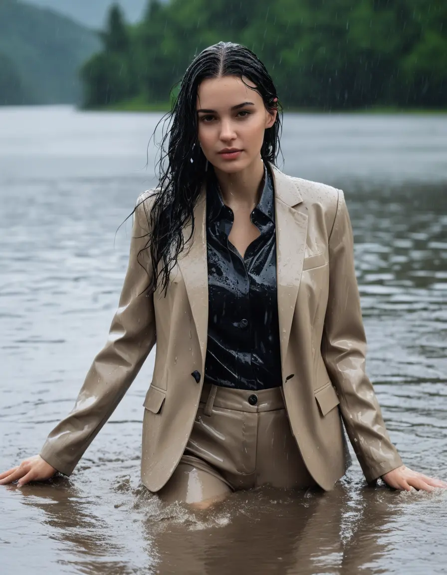 photo of young woman, in soaking wet, drenched clothes,
Beige Business Trouser, Beige Business Suit Jacket with black button down long sleeve business Shirt, Clear Mountain Lake with heavy rain, 
enjoying, wet clothes stuck to body,
detailed textures of the wet clothes, wet face, wet plastered hair,
wet, drenched, professional, high-quality details, full body view.
sharp focus, ultra-high pixel detail, realistic, high-quality, full colors, incredibly detailed, 4k, 8k, 16k, hyper-realistic, RAW photo, masterpiece, ultra-detailed, professionally color graded, professional photograph, young white Black haired woman, completely soaked, fully drenched, completely wet, wetlook, heavy rain, side parting, open hair, long hair, rain storm