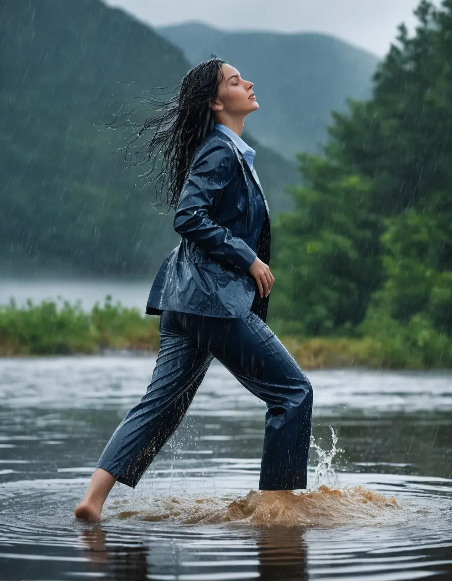 photo of young woman, in soaking wet, drenched clothes,
Dark Blue Business Trouser, Dark Blue Business Suit Jacket with light blue down long sleeve business Shirt, Clear Mountain Lake with heavy rain, 
enjoying, wet clothes stuck to body,
detailed textures of the wet clothes, wet face, wet plastered hair,
wet, drenched, professional, high-quality details, full body view.
sharp focus, ultra-high pixel detail, realistic, high-quality, full colors, incredibly detailed, 4k, 8k, 16k, hyper-realistic, RAW photo, masterpiece, ultra-detailed, professionally color graded, professional photograph, young white Black haired woman, completely soaked, fully drenched, completely wet, wetlook, heavy rain, side parting, open hair, long hair, rain storm