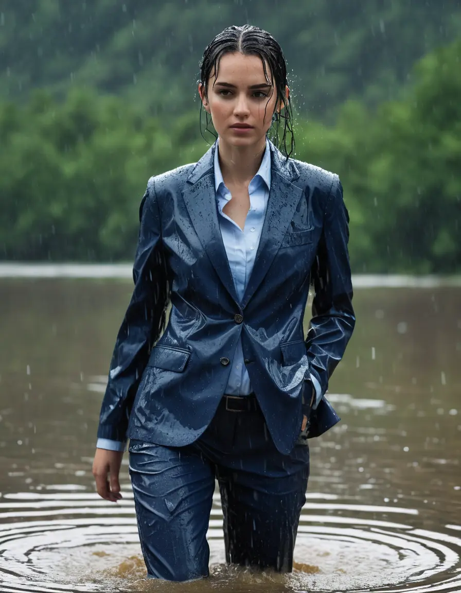 photo of young woman, in soaking wet, drenched clothes,
Dark Blue Business Trouser, Dark Blue Business Suit Jacket with light blue down long sleeve business Shirt, Clear Mountain Lake with heavy rain, 
enjoying, wet clothes stuck to body,
detailed textures of the wet clothes, wet face, wet plastered hair,
wet, drenched, professional, high-quality details, full body view.
sharp focus, ultra-high pixel detail, realistic, high-quality, full colors, incredibly detailed, 4k, 8k, 16k, hyper-realistic, RAW photo, masterpiece, ultra-detailed, professionally color graded, professional photograph, young white Black haired woman, completely soaked, fully drenched, completely wet, wetlook, heavy rain, side parting, open hair, long hair, rain storm