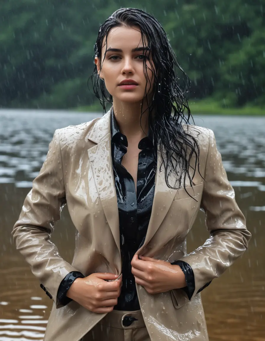 photo of young woman, in soaking wet, drenched clothes,
Beige Business Trouser, Beige Business Suit Jacket with black button down long sleeve business Shirt, Clear Mountain Lake with heavy rain, 
enjoying, wet clothes stuck to body,
detailed textures of the wet clothes, wet face, wet plastered hair,
wet, drenched, professional, high-quality details, full body view.
sharp focus, ultra-high pixel detail, realistic, high-quality, full colors, incredibly detailed, 4k, 8k, 16k, hyper-realistic, RAW photo, masterpiece, ultra-detailed, professionally color graded, professional photograph, young white Black haired woman, completely soaked, fully drenched, completely wet, wetlook, heavy rain, side parting, open hair, long hair, rain storm