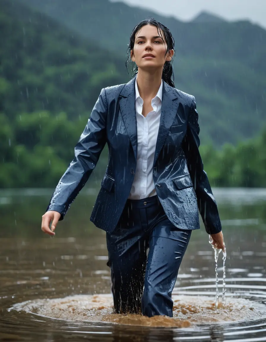 photo of young woman, in soaking wet, drenched clothes,
Dark Blue Business Trouser, Dark Blue Business Suit Jacket with light blue down long sleeve business Shirt, Clear Mountain Lake with heavy rain, 
enjoying, wet clothes stuck to body,
detailed textures of the wet clothes, wet face, wet plastered hair,
wet, drenched, professional, high-quality details, full body view.
sharp focus, ultra-high pixel detail, realistic, high-quality, full colors, incredibly detailed, 4k, 8k, 16k, hyper-realistic, RAW photo, masterpiece, ultra-detailed, professionally color graded, professional photograph, young white Black haired woman, completely soaked, fully drenched, completely wet, wetlook, heavy rain, side parting, open hair, long hair, rain storm