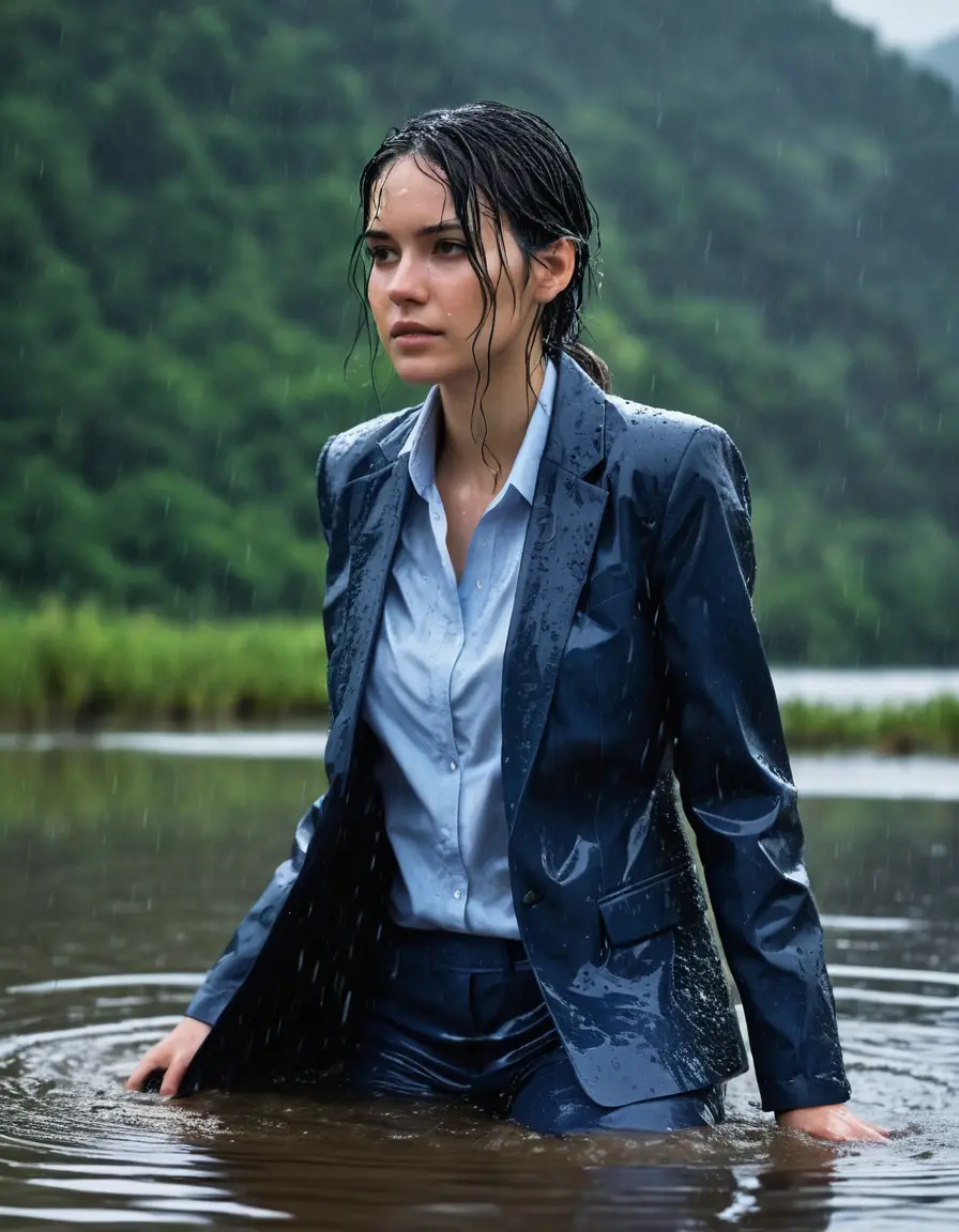 photo of young woman, in soaking wet, drenched clothes,
Dark Blue Business Trouser, Dark Blue Business Suit Jacket with light blue down long sleeve business Shirt, Clear Mountain Lake with heavy rain, 
enjoying, wet clothes stuck to body,
detailed textures of the wet clothes, wet face, wet plastered hair,
wet, drenched, professional, high-quality details, full body view.
sharp focus, ultra-high pixel detail, realistic, high-quality, full colors, incredibly detailed, 4k, 8k, 16k, hyper-realistic, RAW photo, masterpiece, ultra-detailed, professionally color graded, professional photograph, young white Black haired woman, completely soaked, fully drenched, completely wet, wetlook, heavy rain, side parting, open hair, long hair, rain storm