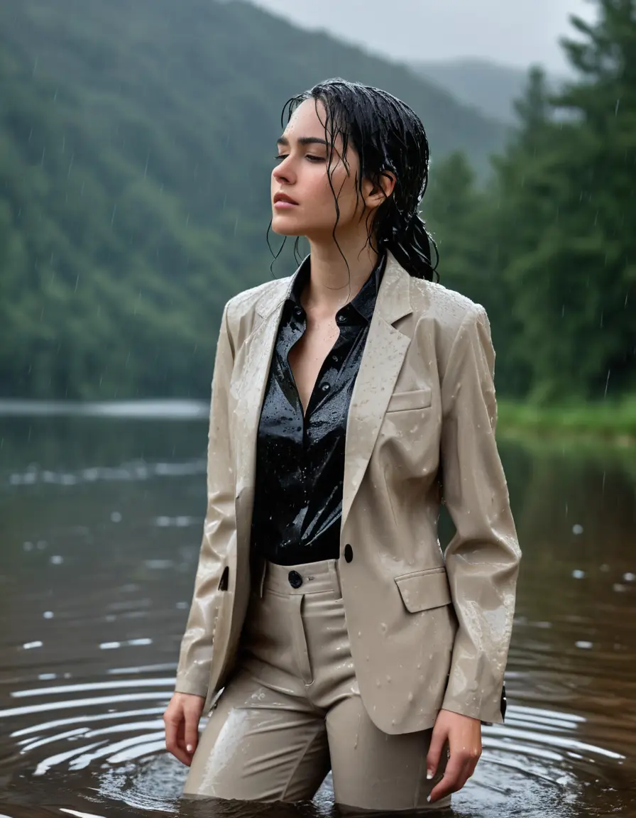 photo of young woman, in soaking wet, drenched clothes,
Beige Business Trouser, Beige Business Suit Jacket with black button down long sleeve business Shirt, Clear Mountain Lake with heavy rain, 
enjoying, wet clothes stuck to body,
detailed textures of the wet clothes, wet face, wet plastered hair,
wet, drenched, professional, high-quality details, full body view.
sharp focus, ultra-high pixel detail, realistic, high-quality, full colors, incredibly detailed, 4k, 8k, 16k, hyper-realistic, RAW photo, masterpiece, ultra-detailed, professionally color graded, professional photograph, young white Black haired woman, completely soaked, fully drenched, completely wet, wetlook, heavy rain, side parting, open hair, long hair, rain storm