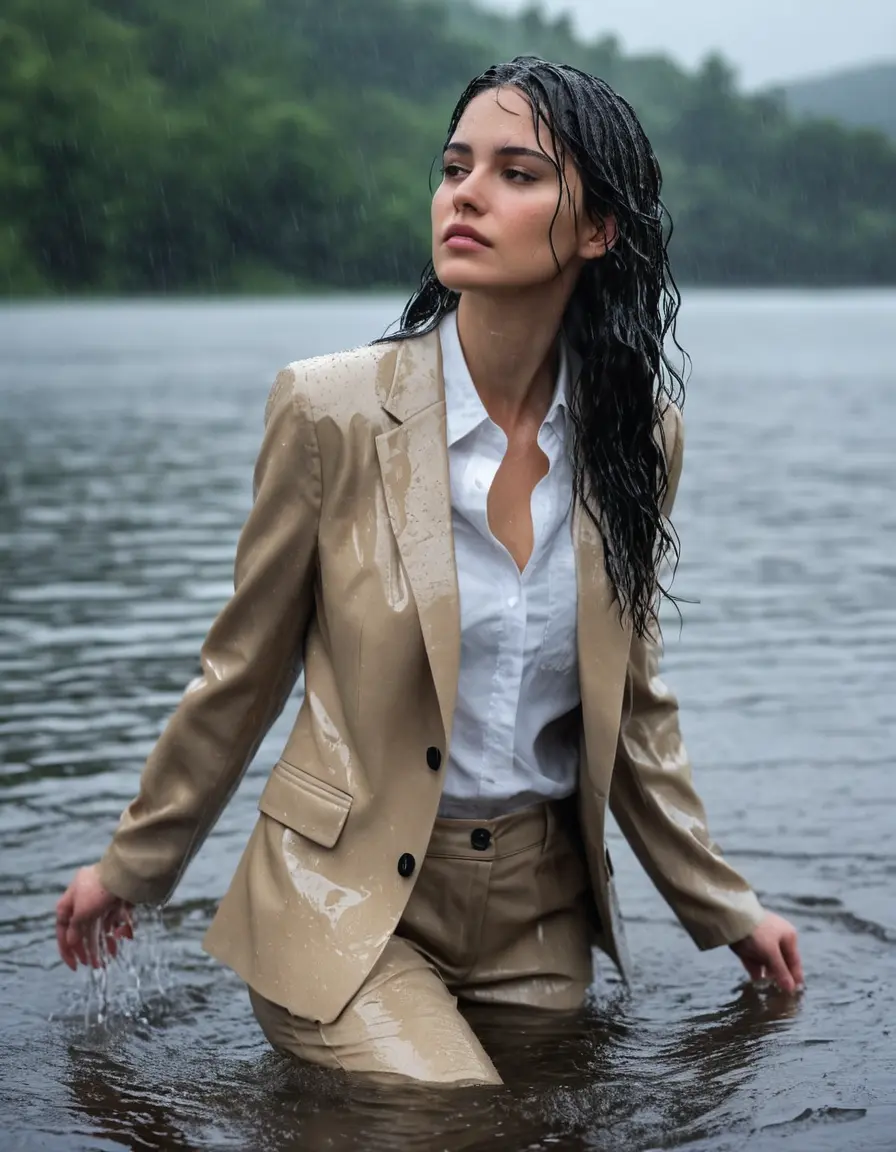 photo of young woman, in soaking wet, drenched clothes,
Beige Business Trouser, Beige Business Suit Jacket with black button down long sleeve business Shirt, Clear Mountain Lake with heavy rain, 
enjoying, wet clothes stuck to body,
detailed textures of the wet clothes, wet face, wet plastered hair,
wet, drenched, professional, high-quality details, full body view.
sharp focus, ultra-high pixel detail, realistic, high-quality, full colors, incredibly detailed, 4k, 8k, 16k, hyper-realistic, RAW photo, masterpiece, ultra-detailed, professionally color graded, professional photograph, young white Black haired woman, completely soaked, fully drenched, completely wet, wetlook, heavy rain, side parting, open hair, long hair, rain storm