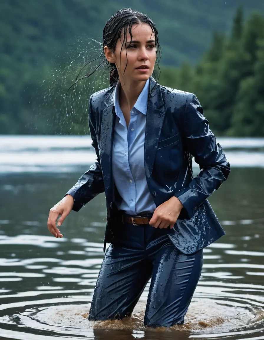 photo of young woman, in soaking wet, drenched clothes,
Dark Blue Business Trouser, Dark Blue Business Suit Jacket with light blue down long sleeve business Shirt, Clear Mountain Lake with heavy rain, 
enjoying, wet clothes stuck to body,
detailed textures of the wet clothes, wet face, wet plastered hair,
wet, drenched, professional, high-quality details, full body view.
sharp focus, ultra-high pixel detail, realistic, high-quality, full colors, incredibly detailed, 4k, 8k, 16k, hyper-realistic, RAW photo, masterpiece, ultra-detailed, professionally color graded, professional photograph, young white Black haired woman, completely soaked, fully drenched, completely wet, wetlook, heavy rain, side parting, open hair, long hair, rain storm