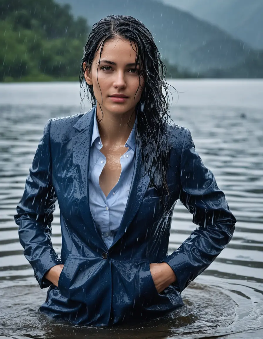 photo of young woman, in soaking wet, drenched clothes,
Dark Blue Business Trouser, Dark Blue Business Suit Jacket with light blue down long sleeve business Shirt, Clear Mountain Lake with heavy rain, 
enjoying, wet clothes stuck to body,
detailed textures of the wet clothes, wet face, wet plastered hair,
wet, drenched, professional, high-quality details, full body view.
sharp focus, ultra-high pixel detail, realistic, high-quality, full colors, incredibly detailed, 4k, 8k, 16k, hyper-realistic, RAW photo, masterpiece, ultra-detailed, professionally color graded, professional photograph, young white Black haired woman, completely soaked, fully drenched, completely wet, wetlook, heavy rain, side parting, open hair, long hair, rain storm
