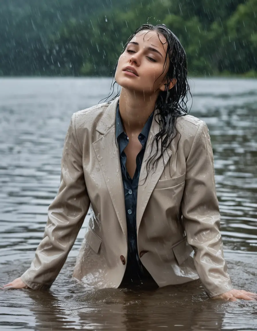 photo of young woman, in soaking wet, drenched clothes,
Beige Business Trouser, Beige Business Suit Jacket with White button down long sleeve business Shirt, Clear Mountain Lake with heavy rain, 
enjoying, wet clothes stuck to body,
detailed textures of the wet clothes, wet face, wet plastered hair,
wet, drenched, professional, high-quality details, full body view.
sharp focus, ultra-high pixel detail, realistic, high-quality, full colors, incredibly detailed, 4k, 8k, 16k, hyper-realistic, RAW photo, masterpiece, ultra-detailed, professionally color graded, professional photograph, young white Black haired woman, completely soaked, fully drenched, completely wet, wetlook, heavy rain, side parting, open hair, long hair, rain storm