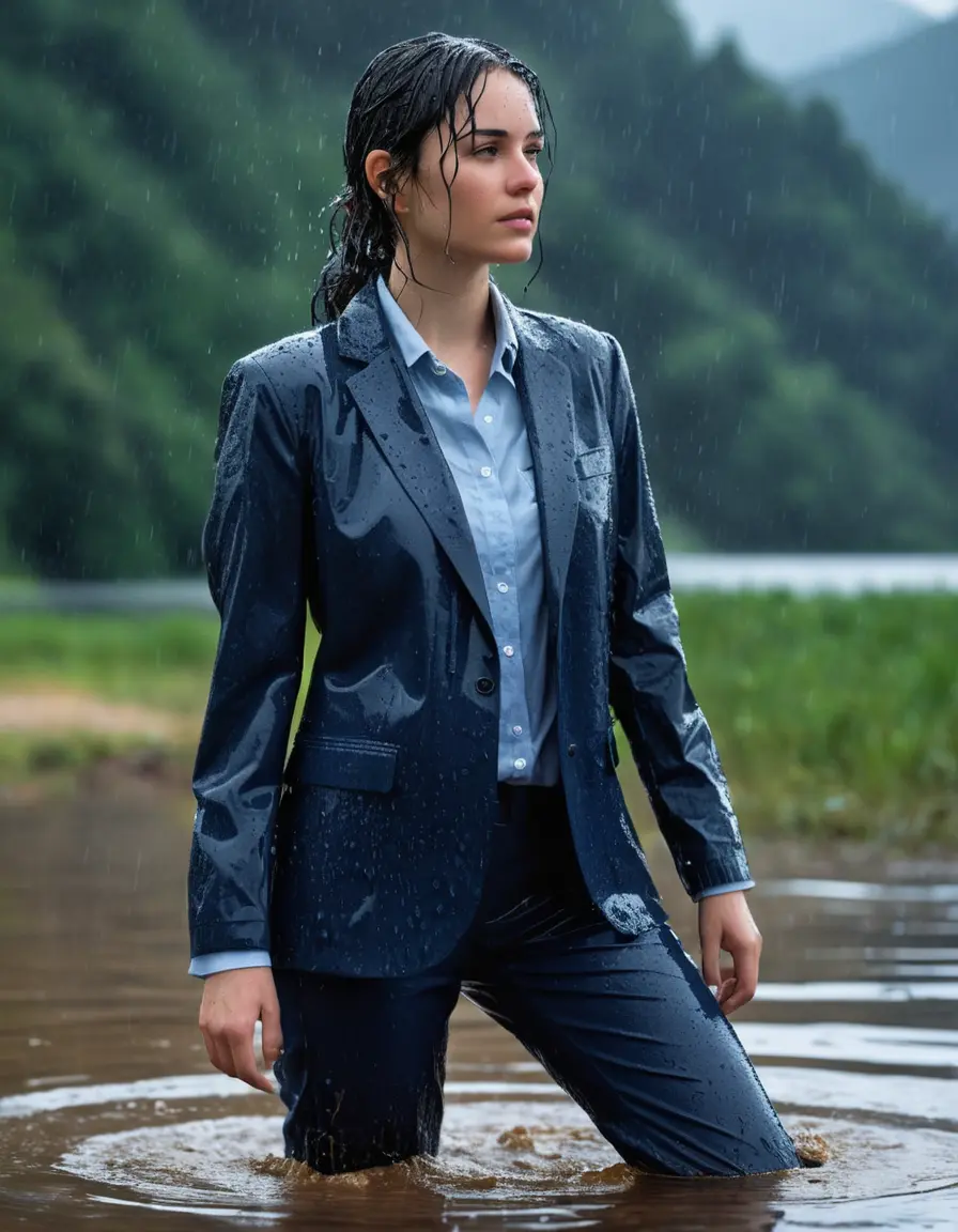 photo of young woman, in soaking wet, drenched clothes,
Dark Blue Business Trouser, Dark Blue Business Suit Jacket with light blue down long sleeve business Shirt, Clear Mountain Lake with heavy rain, 
enjoying, wet clothes stuck to body,
detailed textures of the wet clothes, wet face, wet plastered hair,
wet, drenched, professional, high-quality details, full body view.
sharp focus, ultra-high pixel detail, realistic, high-quality, full colors, incredibly detailed, 4k, 8k, 16k, hyper-realistic, RAW photo, masterpiece, ultra-detailed, professionally color graded, professional photograph, young white Black haired woman, completely soaked, fully drenched, completely wet, wetlook, heavy rain, side parting, open hair, long hair, rain storm