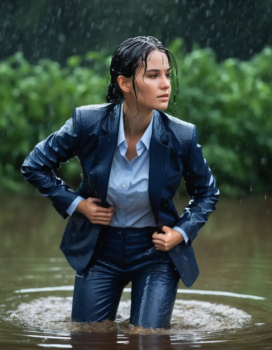 photo of young woman, in soaking wet, drenched clothes,
Dark Blue Business Trouser, Dark Blue Business Suit Jacket with light blue down long sleeve business Shirt, Clear Mountain Lake with heavy rain, 
enjoying, wet clothes stuck to body,
detailed textures of the wet clothes, wet face, wet plastered hair,
wet, drenched, professional, high-quality details, full body view.
sharp focus, ultra-high pixel detail, realistic, high-quality, full colors, incredibly detailed, 4k, 8k, 16k, hyper-realistic, RAW photo, masterpiece, ultra-detailed, professionally color graded, professional photograph, young white Black haired woman, completely soaked, fully drenched, completely wet, wetlook, heavy rain, side parting, open hair, long hair, rain storm
