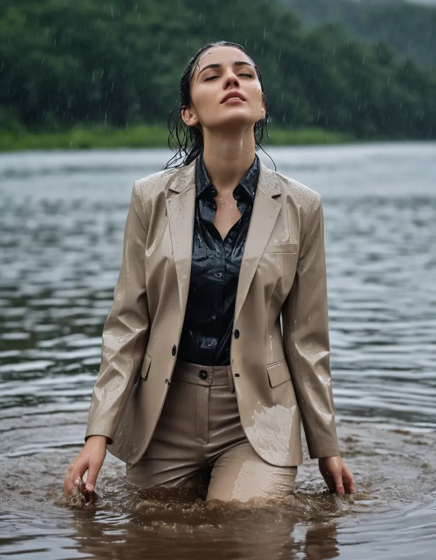 photo of young woman, in soaking wet, drenched clothes,
Beige Business Trouser, Beige Business Suit Jacket with black button down long sleeve business Shirt, Clear Mountain Lake with heavy rain, 
enjoying, wet clothes stuck to body,
detailed textures of the wet clothes, wet face, wet plastered hair,
wet, drenched, professional, high-quality details, full body view.
sharp focus, ultra-high pixel detail, realistic, high-quality, full colors, incredibly detailed, 4k, 8k, 16k, hyper-realistic, RAW photo, masterpiece, ultra-detailed, professionally color graded, professional photograph, young white Black haired woman, completely soaked, fully drenched, completely wet, wetlook, heavy rain, side parting, open hair, long hair, rain storm