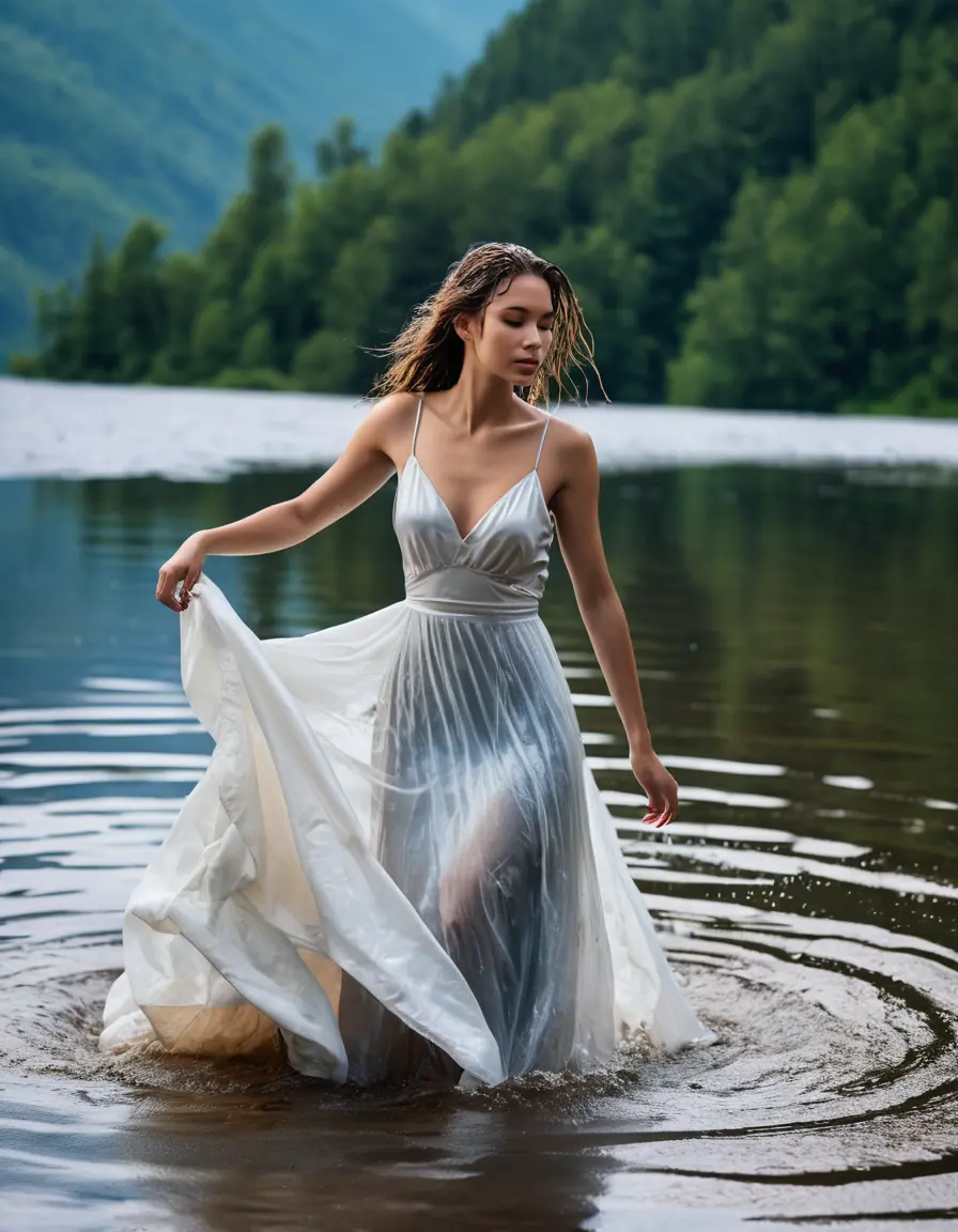 photo of young woman, in soaking wet, drenched clothes,
Satin pumps, long Satin ballgown, white tank-top, Clear Mountain Lake with heavy rain, 
enjoying, wet clothes stuck to body,
detailed textures of the wet clothes, wet face, wet plastered hair,
wet, drenched, professional, high-quality details, full body view.
sharp focus, ultra-high pixel detail, realistic, high-quality, full colors, incredibly detailed, 4k, 8k, 16k, hyper-realistic, RAW photo, masterpiece, ultra-detailed, professionally color graded, professional photograph