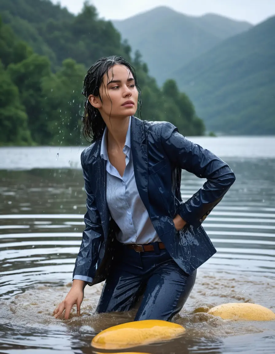 photo of young woman, in soaking wet, drenched clothes,
Dark Blue Business Trouser, Dark Blue Business Suit Jacket with light blue down long sleeve business Shirt, Clear Mountain Lake with heavy rain, 
enjoying, wet clothes stuck to body,
detailed textures of the wet clothes, wet face, wet plastered hair,
wet, drenched, professional, high-quality details, full body view.
sharp focus, ultra-high pixel detail, realistic, high-quality, full colors, incredibly detailed, 4k, 8k, 16k, hyper-realistic, RAW photo, masterpiece, ultra-detailed, professionally color graded, professional photograph, young white Black haired woman, completely soaked, fully drenched, completely wet, wetlook, heavy rain, side parting, open hair, long hair, rain storm