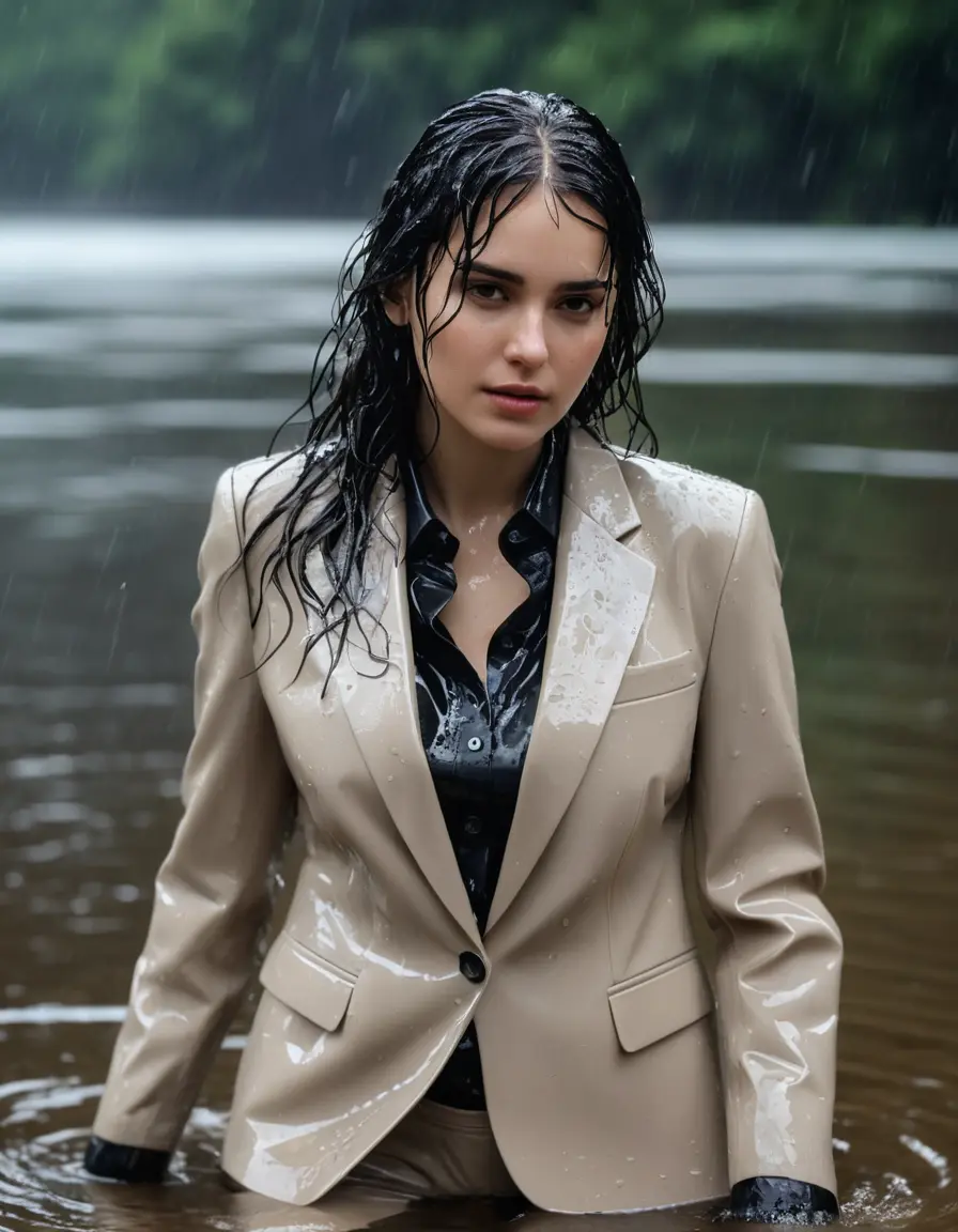 photo of young woman, in soaking wet, drenched clothes,
Beige Business Trouser, Beige Business Suit Jacket with black button down long sleeve business Shirt, Clear Mountain Lake with heavy rain, 
enjoying, wet clothes stuck to body,
detailed textures of the wet clothes, wet face, wet plastered hair,
wet, drenched, professional, high-quality details, full body view.
sharp focus, ultra-high pixel detail, realistic, high-quality, full colors, incredibly detailed, 4k, 8k, 16k, hyper-realistic, RAW photo, masterpiece, ultra-detailed, professionally color graded, professional photograph, young white Black haired woman, completely soaked, fully drenched, completely wet, wetlook, heavy rain, side parting, open hair, long hair, rain storm
