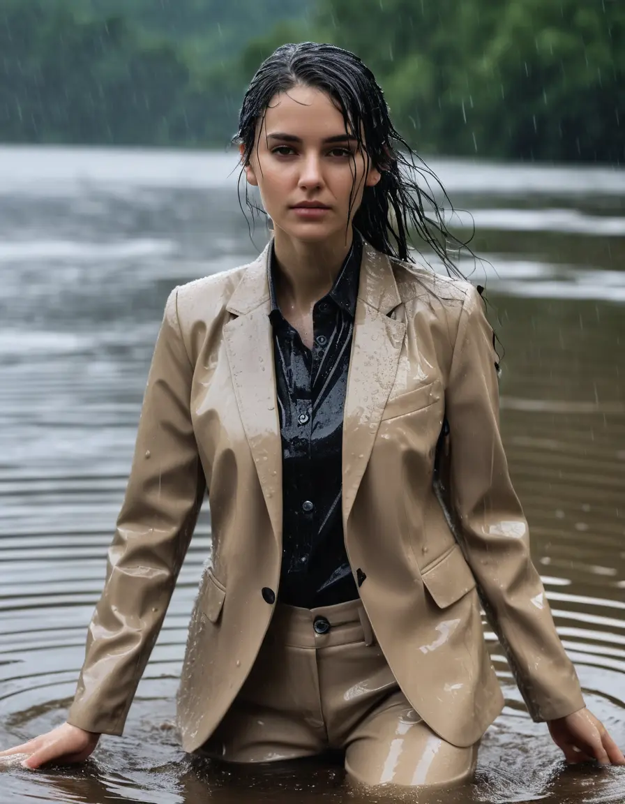 photo of young woman, in soaking wet, drenched clothes,
Beige Business Trouser, Beige Business Suit Jacket with black button down long sleeve business Shirt, Clear Mountain Lake with heavy rain, 
enjoying, wet clothes stuck to body,
detailed textures of the wet clothes, wet face, wet plastered hair,
wet, drenched, professional, high-quality details, full body view.
sharp focus, ultra-high pixel detail, realistic, high-quality, full colors, incredibly detailed, 4k, 8k, 16k, hyper-realistic, RAW photo, masterpiece, ultra-detailed, professionally color graded, professional photograph, young white Black haired woman, completely soaked, fully drenched, completely wet, wetlook, heavy rain, side parting, open hair, long hair, rain storm