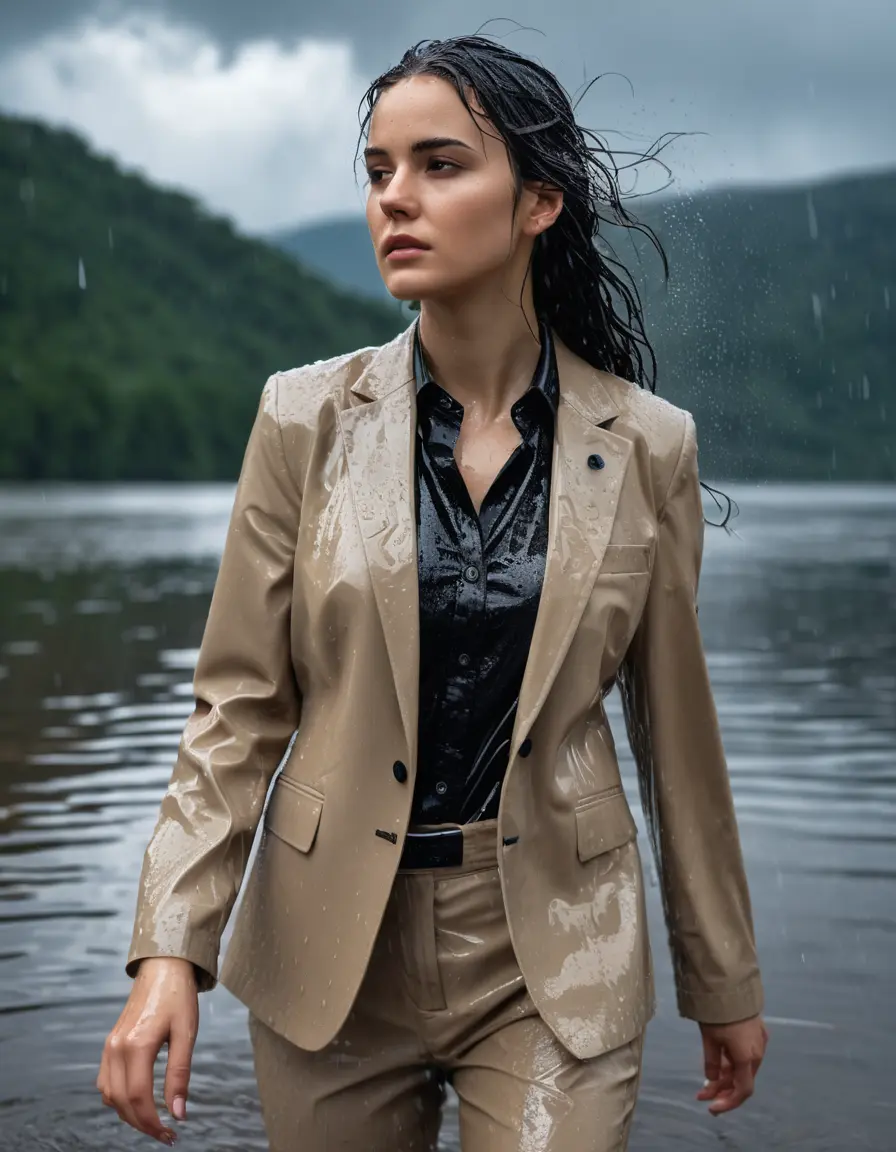 photo of young woman, in soaking wet, drenched clothes,
Beige Business Trouser, Beige Business Suit Jacket with black button down long sleeve business Shirt, Clear Mountain Lake with heavy rain, 
enjoying, wet clothes stuck to body,
detailed textures of the wet clothes, wet face, wet plastered hair,
wet, drenched, professional, high-quality details, full body view.
sharp focus, ultra-high pixel detail, realistic, high-quality, full colors, incredibly detailed, 4k, 8k, 16k, hyper-realistic, RAW photo, masterpiece, ultra-detailed, professionally color graded, professional photograph, young white Black haired woman, completely soaked, fully drenched, completely wet, wetlook, heavy rain, side parting, open hair, long hair, rain storm