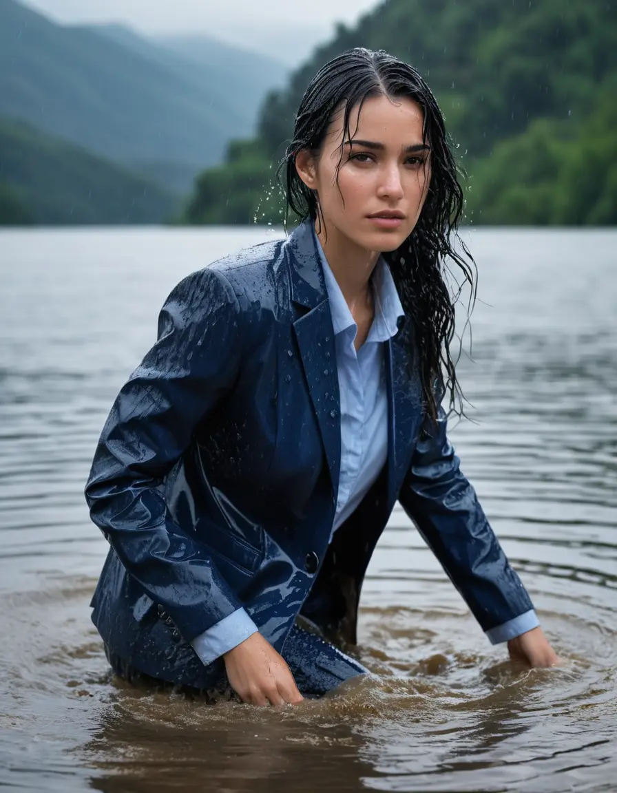 photo of young woman, in soaking wet, drenched clothes,
Dark Blue Business Trouser, Dark Blue Business Suit Jacket with light blue down long sleeve business Shirt, Clear Mountain Lake with heavy rain, 
enjoying, wet clothes stuck to body,
detailed textures of the wet clothes, wet face, wet plastered hair,
wet, drenched, professional, high-quality details, full body view.
sharp focus, ultra-high pixel detail, realistic, high-quality, full colors, incredibly detailed, 4k, 8k, 16k, hyper-realistic, RAW photo, masterpiece, ultra-detailed, professionally color graded, professional photograph, young white Black haired woman, completely soaked, fully drenched, completely wet, wetlook, heavy rain, side parting, open hair, long hair, rain storm
