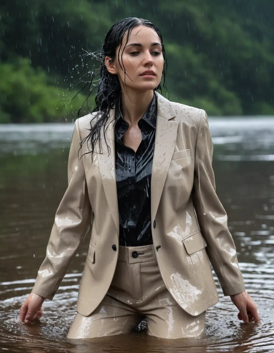 photo of young woman, in soaking wet, drenched clothes,
Beige Business Trouser, Beige Business Suit Jacket with black button down long sleeve business Shirt, Clear Mountain Lake with heavy rain, 
enjoying, wet clothes stuck to body,
detailed textures of the wet clothes, wet face, wet plastered hair,
wet, drenched, professional, high-quality details, full body view.
sharp focus, ultra-high pixel detail, realistic, high-quality, full colors, incredibly detailed, 4k, 8k, 16k, hyper-realistic, RAW photo, masterpiece, ultra-detailed, professionally color graded, professional photograph, young white Black haired woman, completely soaked, fully drenched, completely wet, wetlook, heavy rain, side parting, open hair, long hair, rain storm