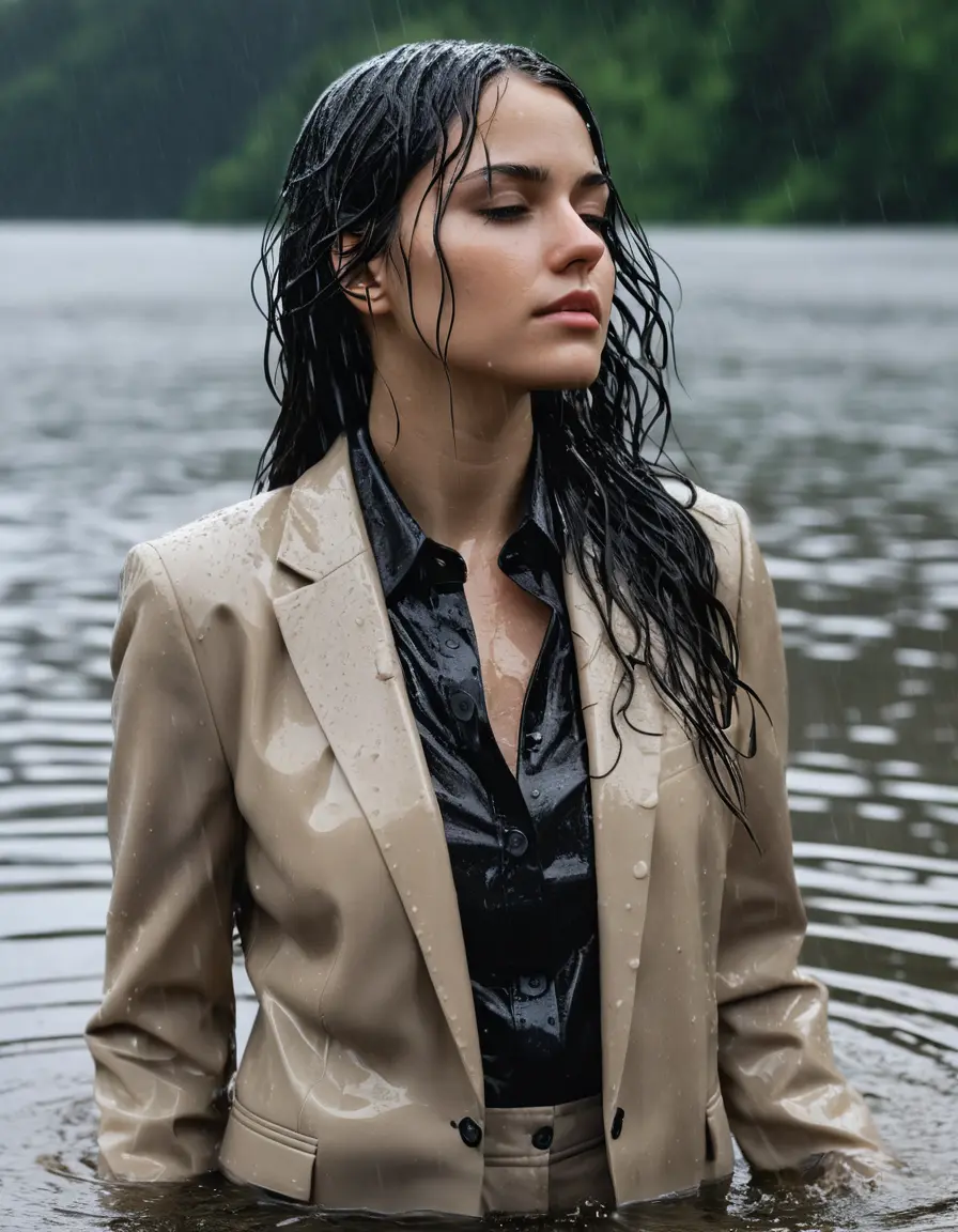 photo of young woman, in soaking wet, drenched clothes,
Beige Business Trouser, Beige Business Suit Jacket with black button down long sleeve business Shirt, Clear Mountain Lake with heavy rain, 
enjoying, wet clothes stuck to body,
detailed textures of the wet clothes, wet face, wet plastered hair,
wet, drenched, professional, high-quality details, full body view.
sharp focus, ultra-high pixel detail, realistic, high-quality, full colors, incredibly detailed, 4k, 8k, 16k, hyper-realistic, RAW photo, masterpiece, ultra-detailed, professionally color graded, professional photograph, young white Black haired woman, completely soaked, fully drenched, completely wet, wetlook, heavy rain, side parting, open hair, long hair, rain storm