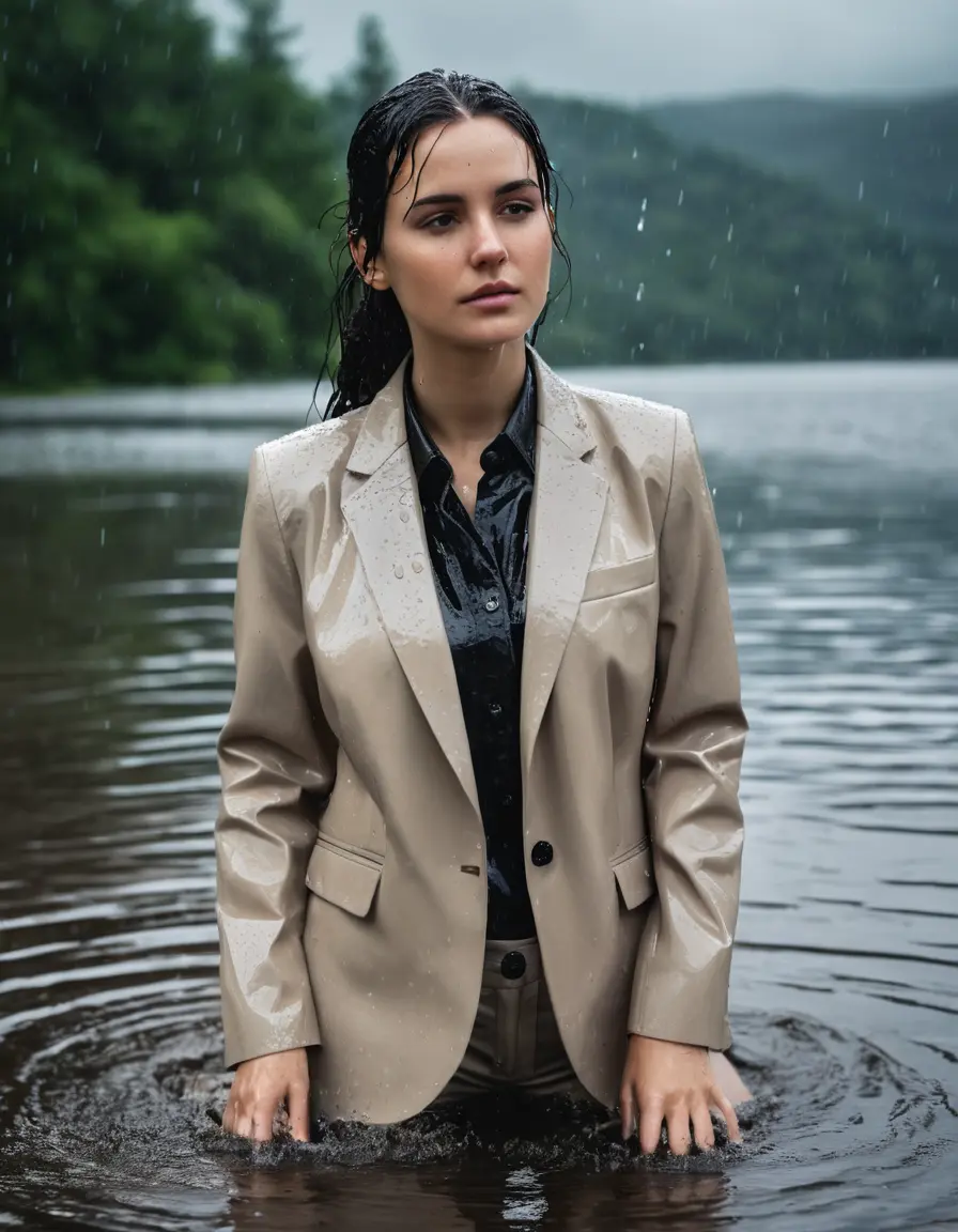 photo of young woman, in soaking wet, drenched clothes,
Beige Business Trouser, Beige Business Suit Jacket with black button down long sleeve business Shirt, Clear Mountain Lake with heavy rain, 
enjoying, wet clothes stuck to body,
detailed textures of the wet clothes, wet face, wet plastered hair,
wet, drenched, professional, high-quality details, full body view.
sharp focus, ultra-high pixel detail, realistic, high-quality, full colors, incredibly detailed, 4k, 8k, 16k, hyper-realistic, RAW photo, masterpiece, ultra-detailed, professionally color graded, professional photograph, young white Black haired woman, completely soaked, fully drenched, completely wet, wetlook, heavy rain, side parting, open hair, long hair, rain storm