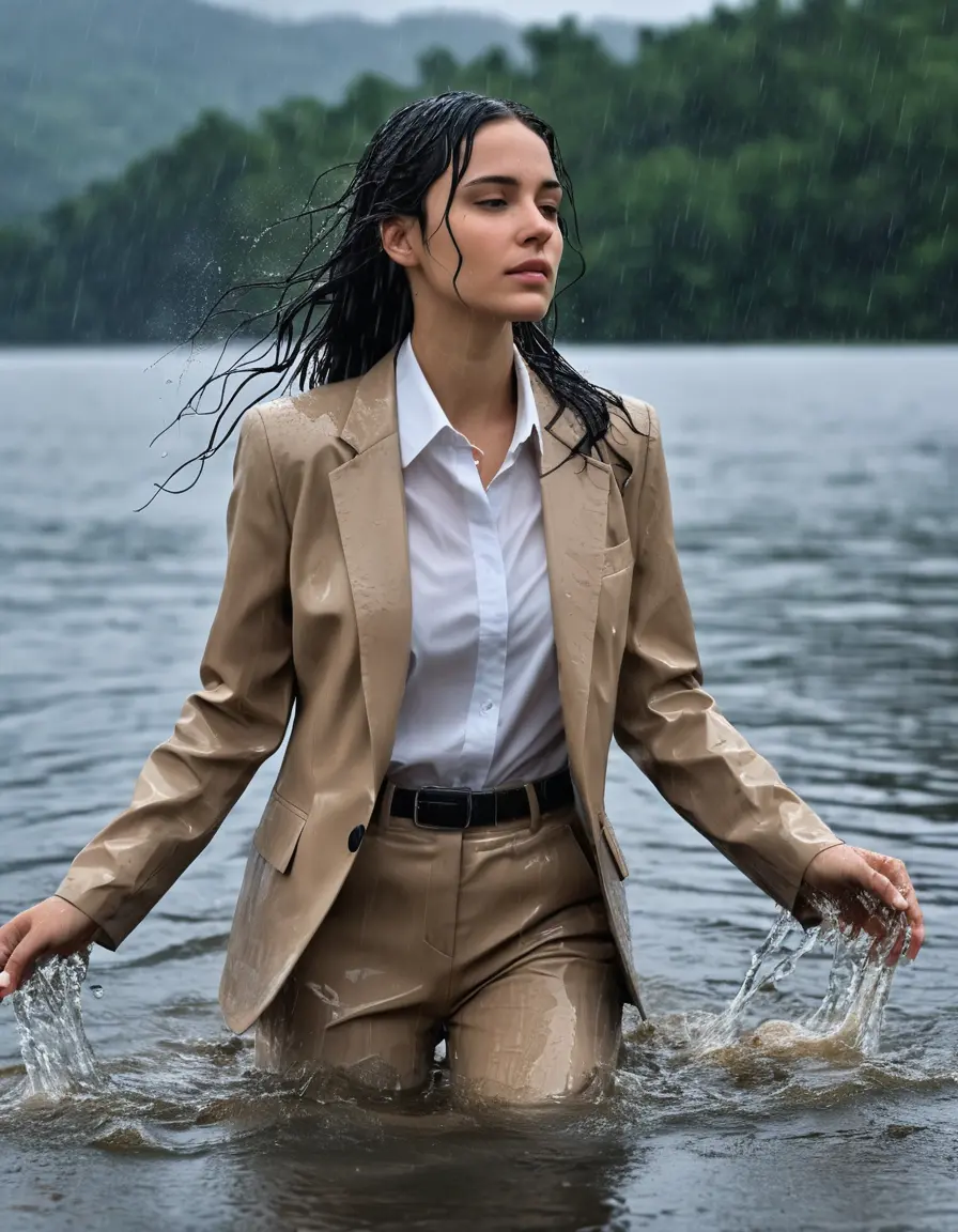 photo of young woman, in soaking wet, drenched clothes,
Beige Business Trouser, Beige Business Suit Jacket with black button down long sleeve business Shirt, Clear Mountain Lake with heavy rain, 
enjoying, wet clothes stuck to body,
detailed textures of the wet clothes, wet face, wet plastered hair,
wet, drenched, professional, high-quality details, full body view.
sharp focus, ultra-high pixel detail, realistic, high-quality, full colors, incredibly detailed, 4k, 8k, 16k, hyper-realistic, RAW photo, masterpiece, ultra-detailed, professionally color graded, professional photograph, young white Black haired woman, completely soaked, fully drenched, completely wet, wetlook, heavy rain, side parting, open hair, long hair, rain storm