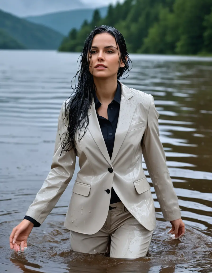 photo of young woman, in soaking wet, drenched clothes,
Beige Business Trouser, Beige Business Suit Jacket with black button down long sleeve business Shirt, Clear Mountain Lake with heavy rain, 
enjoying, wet clothes stuck to body,
detailed textures of the wet clothes, wet face, wet plastered hair,
wet, drenched, professional, high-quality details, full body view.
sharp focus, ultra-high pixel detail, realistic, high-quality, full colors, incredibly detailed, 4k, 8k, 16k, hyper-realistic, RAW photo, masterpiece, ultra-detailed, professionally color graded, professional photograph, young white Black haired woman, completely soaked, fully drenched, completely wet, wetlook, heavy rain, side parting, open hair, long hair, rain storm