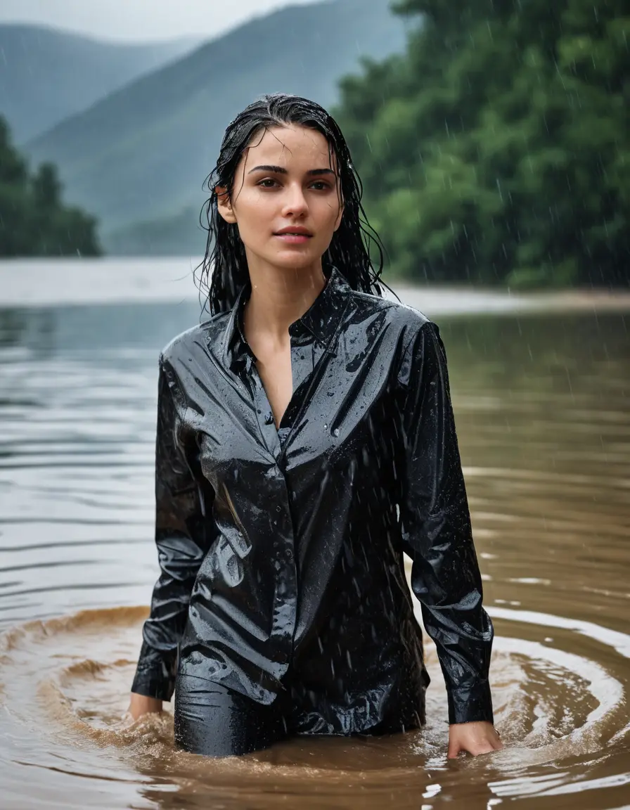 photo of young woman, in soaking wet, drenched clothes,
Beige Business Trouser, black button down long sleeve business Shirt, Clear Mountain Lake with heavy rain, 
enjoying, wet clothes stuck to body,
detailed textures of the wet clothes, wet face, wet plastered hair,
wet, drenched, professional, high-quality details, full body view.
sharp focus, ultra-high pixel detail, realistic, high-quality, full colors, incredibly detailed, 4k, 8k, 16k, hyper-realistic, RAW photo, masterpiece, ultra-detailed, professionally color graded, professional photograph, young white Black haired woman, completely soaked, fully drenched, completely wet, wetlook, heavy rain, side parting, open hair, long hair, rain storm