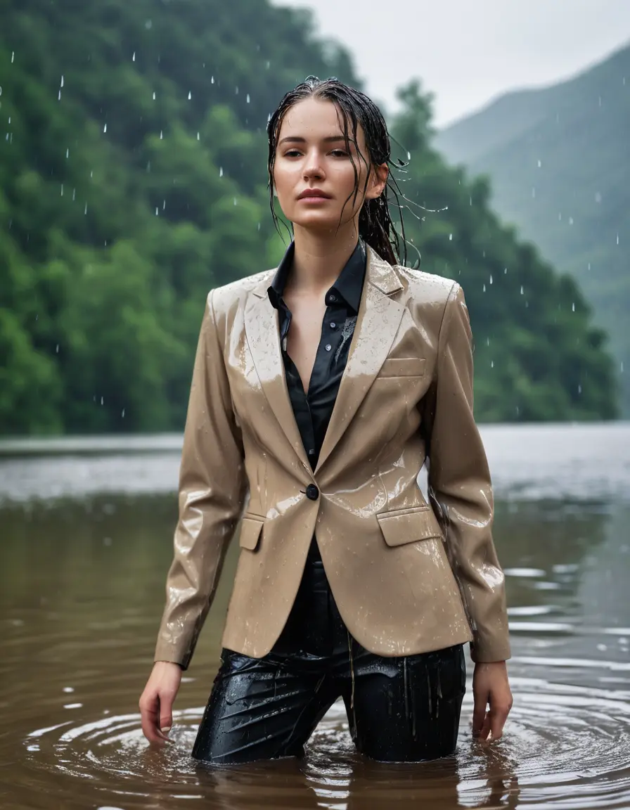 photo of young woman, in soaking wet, drenched clothes,
Beige Business Trouser, Beige Business Suit Jacket with Black button down long sleeve business Shirt, Clear Mountain Lake with heavy rain, 
enjoying, wet clothes stuck to body,
detailed textures of the wet clothes, wet face, wet plastered hair,
wet, drenched, professional, high-quality details, full body view.
sharp focus, ultra-high pixel detail, realistic, high-quality, full colors, incredibly detailed, 4k, 8k, 16k, hyper-realistic, RAW photo, masterpiece, ultra-detailed, professionally color graded, professional photograph, ,completely soaked, fully drenched, completely wet, wetlook, heavy rain, side parting, open hair, long hair, rain storm