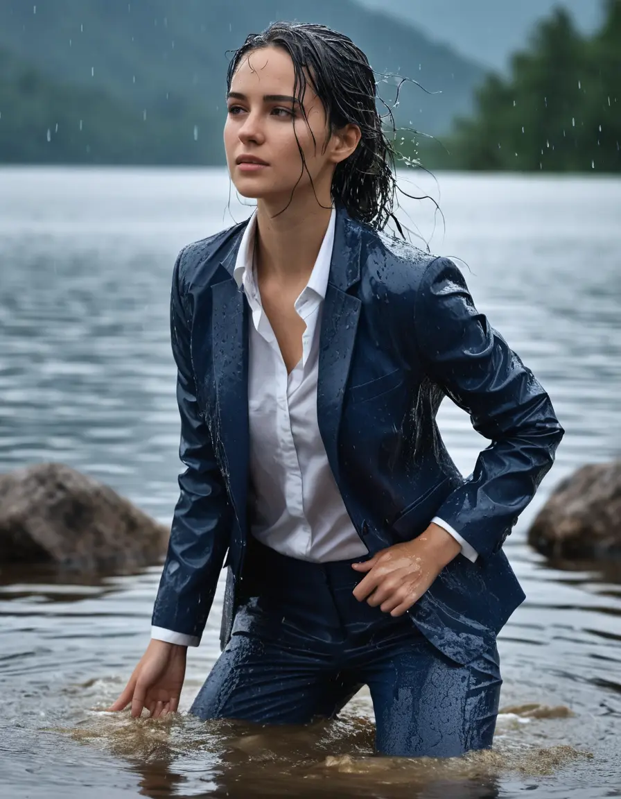 photo of young woman, in soaking wet, drenched clothes,
Dark Blue Business Trouser, Dark Blue Business Suit Jacket with light blue down long sleeve business Shirt, Clear Mountain Lake with heavy rain, 
enjoying, wet clothes stuck to body,
detailed textures of the wet clothes, wet face, wet plastered hair,
wet, drenched, professional, high-quality details, full body view.
sharp focus, ultra-high pixel detail, realistic, high-quality, full colors, incredibly detailed, 4k, 8k, 16k, hyper-realistic, RAW photo, masterpiece, ultra-detailed, professionally color graded, professional photograph, young white Black haired woman, completely soaked, fully drenched, completely wet, wetlook, heavy rain, side parting, open hair, long hair, rain storm