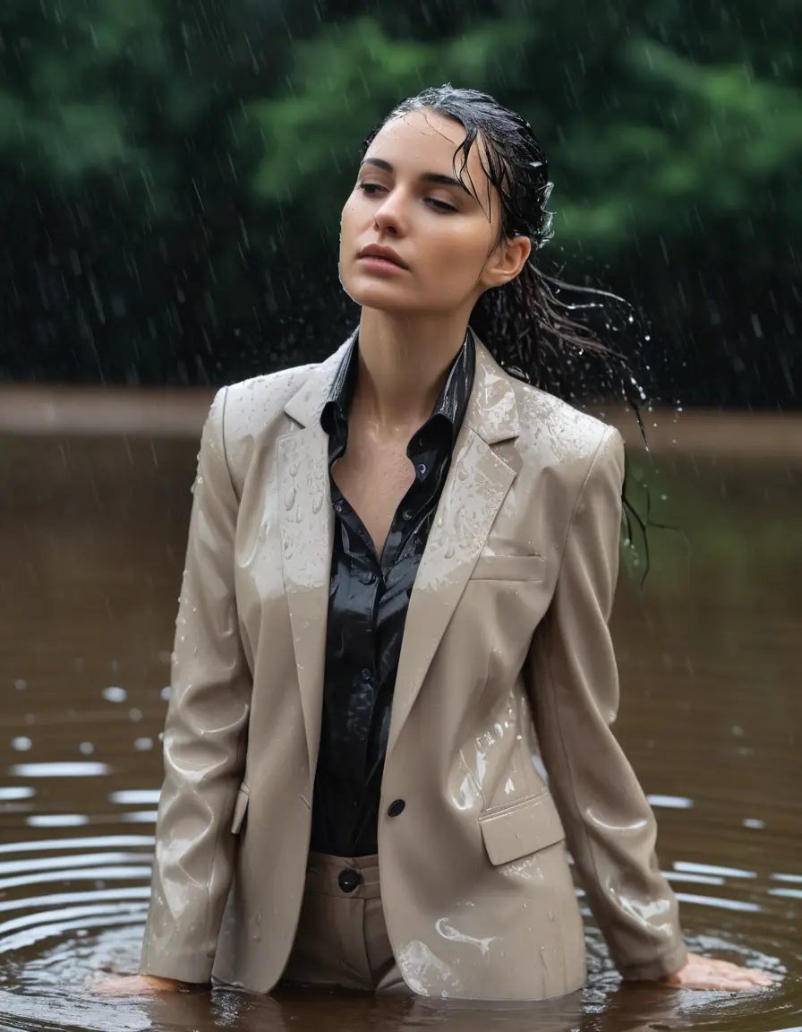 photo of young woman, in soaking wet, drenched clothes,
Beige Business Trouser, Beige Business Suit Jacket with black button down long sleeve business Shirt, Clear Mountain Lake with heavy rain, 
enjoying, wet clothes stuck to body,
detailed textures of the wet clothes, wet face, wet plastered hair,
wet, drenched, professional, high-quality details, full body view.
sharp focus, ultra-high pixel detail, realistic, high-quality, full colors, incredibly detailed, 4k, 8k, 16k, hyper-realistic, RAW photo, masterpiece, ultra-detailed, professionally color graded, professional photograph, young white Black haired woman, completely soaked, fully drenched, completely wet, wetlook, heavy rain, side parting, open hair, long hair, rain storm